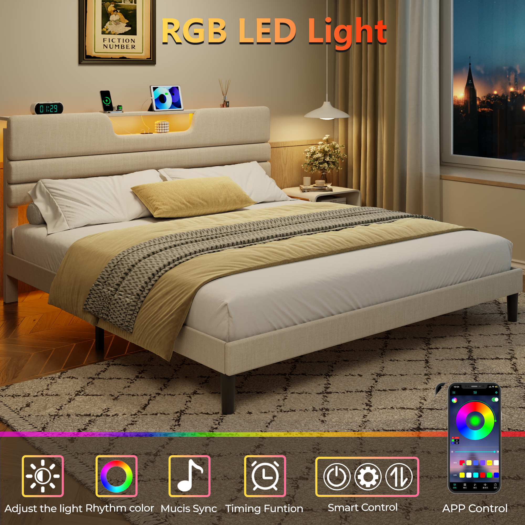 Furnulem King Size Bed Frames with Upholstered Headboard Modern Platform Bed with Charging Station and Led Lights Bed Frame with Sturdy Wooden Slats