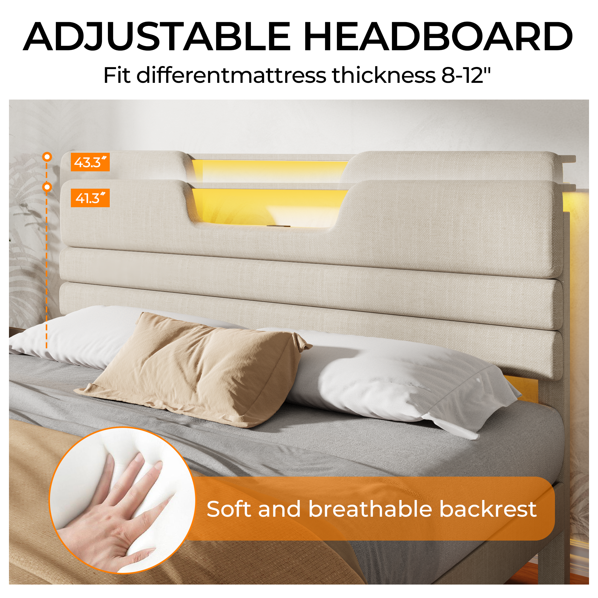 King Size Bed Frames with Upholstered Headboard Modern Platform Bed with Charging Station and Led Lights Bed Frame with Sturdy Wooden Slats Beige