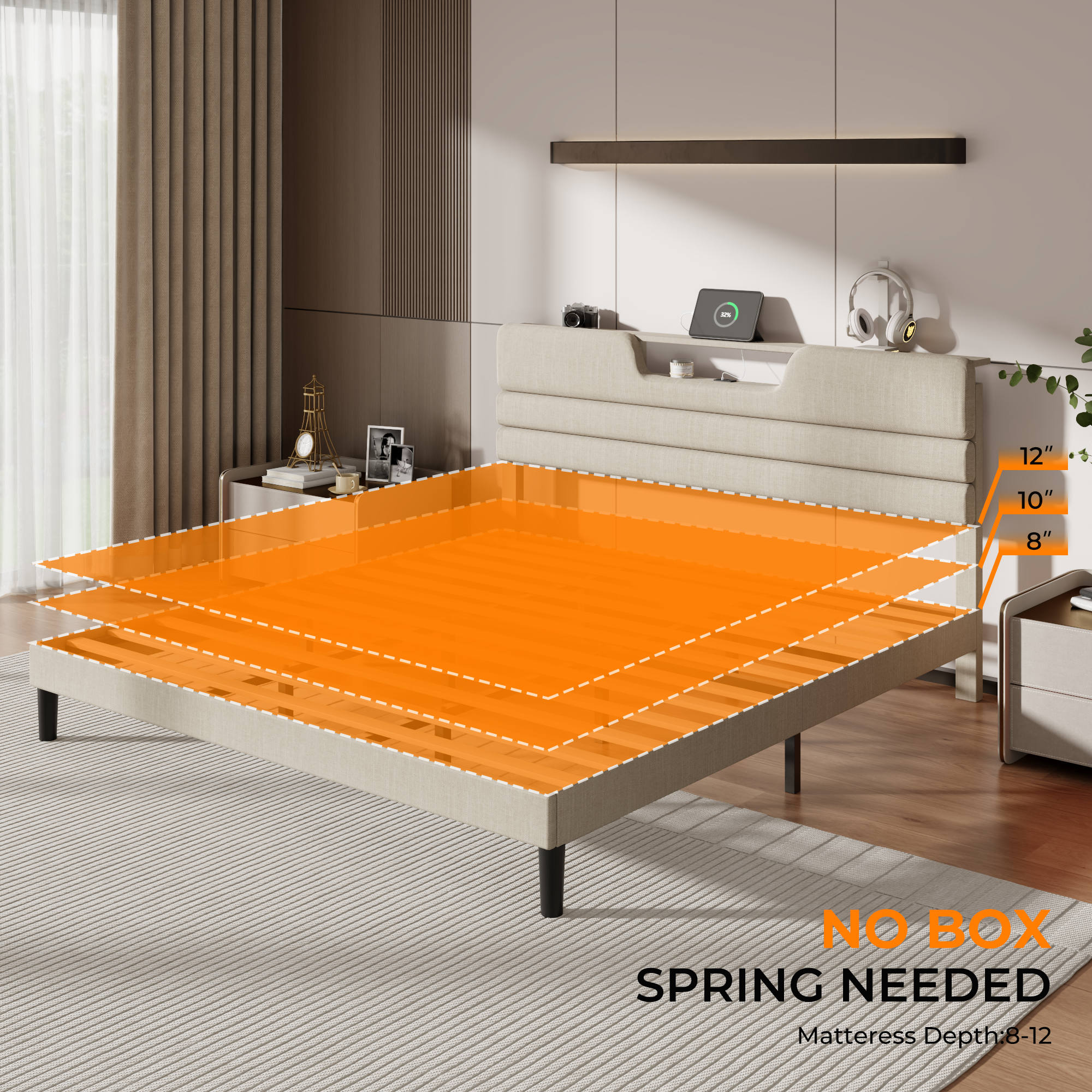 Furnulem King Size Bed Frames with Upholstered Headboard Modern Platform Bed with Charging Station and Led Lights Bed Frame with Sturdy Wooden Slats