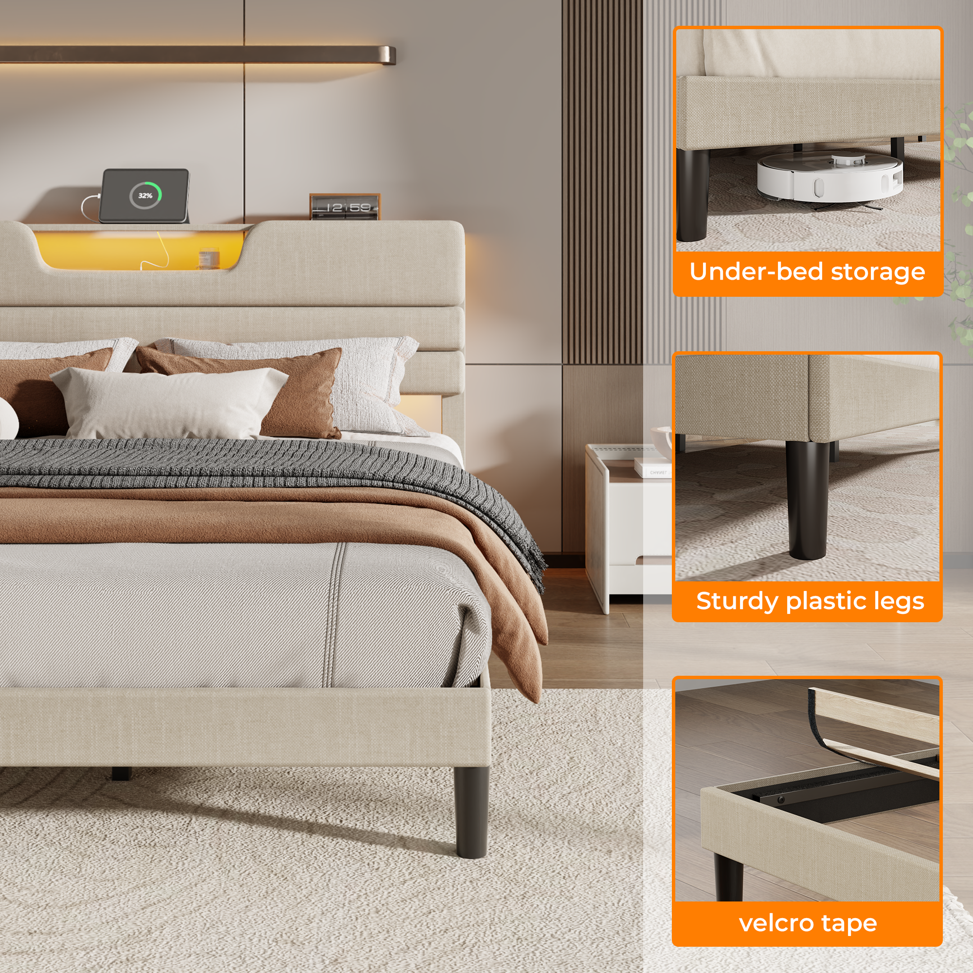 King Size Bed Frames with Upholstered Headboard Modern Platform Bed with Charging Station and Led Lights Bed Frame with Sturdy Wooden Slats Beige