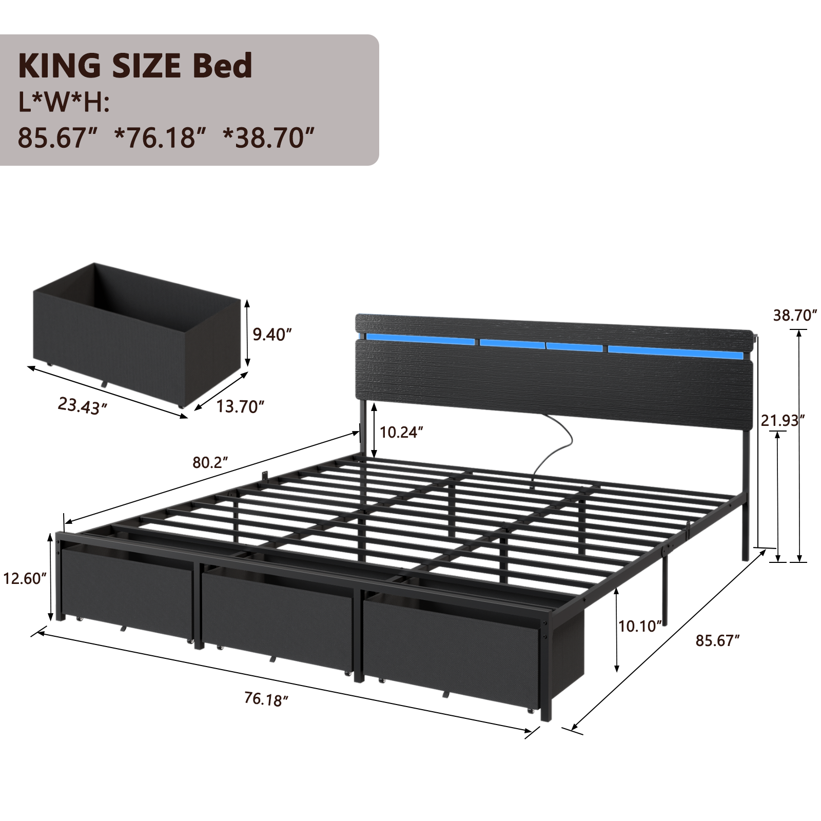 Qwatto King Size Platform Bed Frame 3 Storage Drawers LED Lights Charging Station Black Wood Headboard Shelf Heavy Duty Metal No Box Spring Needed