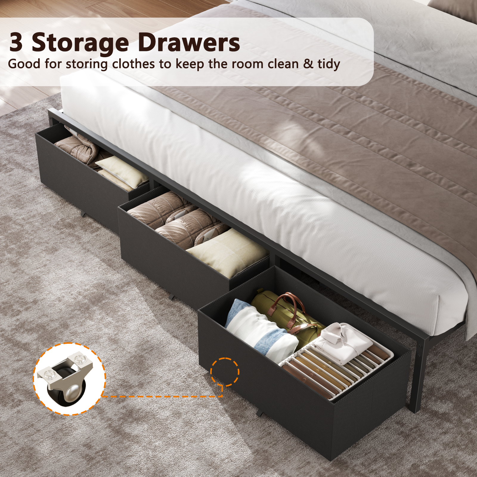 Qwatto King Size Platform Bed Frame 3 Storage Drawers LED Lights Charging Station Black Wood Headboard Shelf Heavy Duty Metal No Box Spring Needed