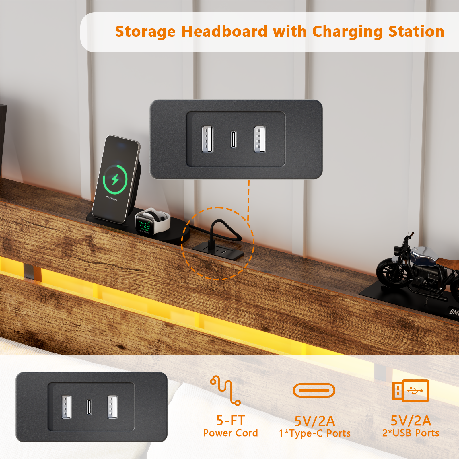 King Size Platform Bed Frame 3 Storage Drawers LED Lights Charging Station Vintage Brown Wood Headboard Shelf Heavy Duty Metal No Box Spring Needed