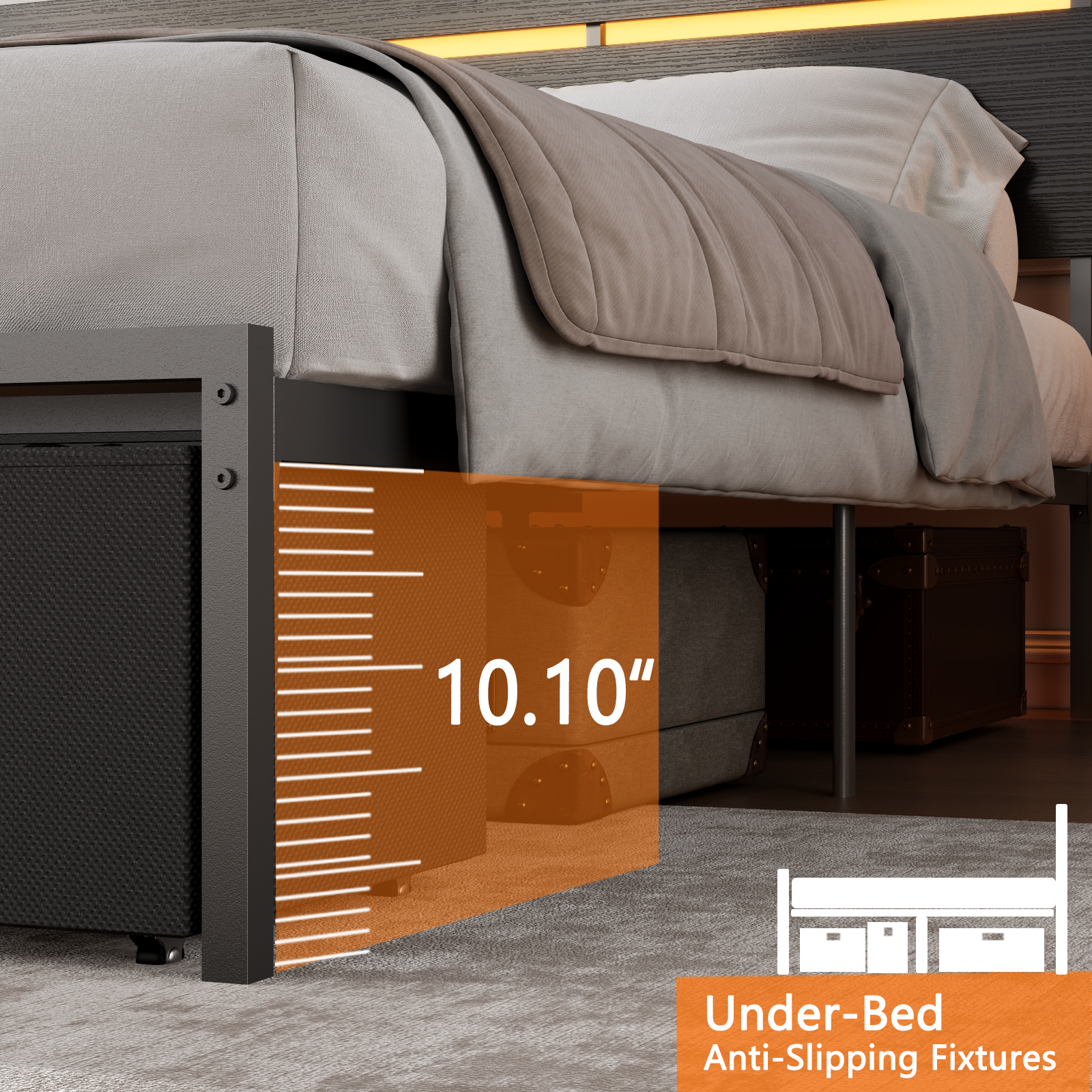 Qwatto King Size Platform Bed Frame 3 Storage Drawers LED Lights Charging Station Black Wood Headboard Shelf Heavy Duty Metal No Box Spring Needed