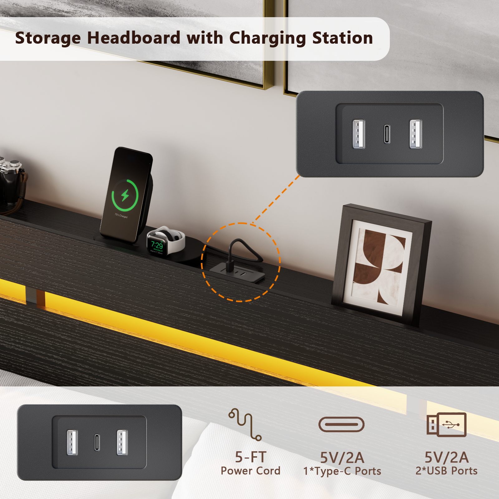 Qwatto King Size Platform Bed Frame 3 Storage Drawers LED Lights Charging Station Black Wood Headboard Shelf Heavy Duty Metal No Box Spring Needed