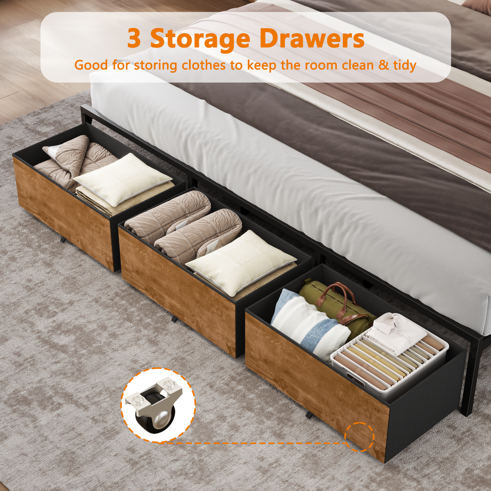 King Size Platform Bed Frame 3 Storage Drawers LED Lights Charging Station Vintage Brown Wood Headboard Shelf Heavy Duty Metal No Box Spring Needed
