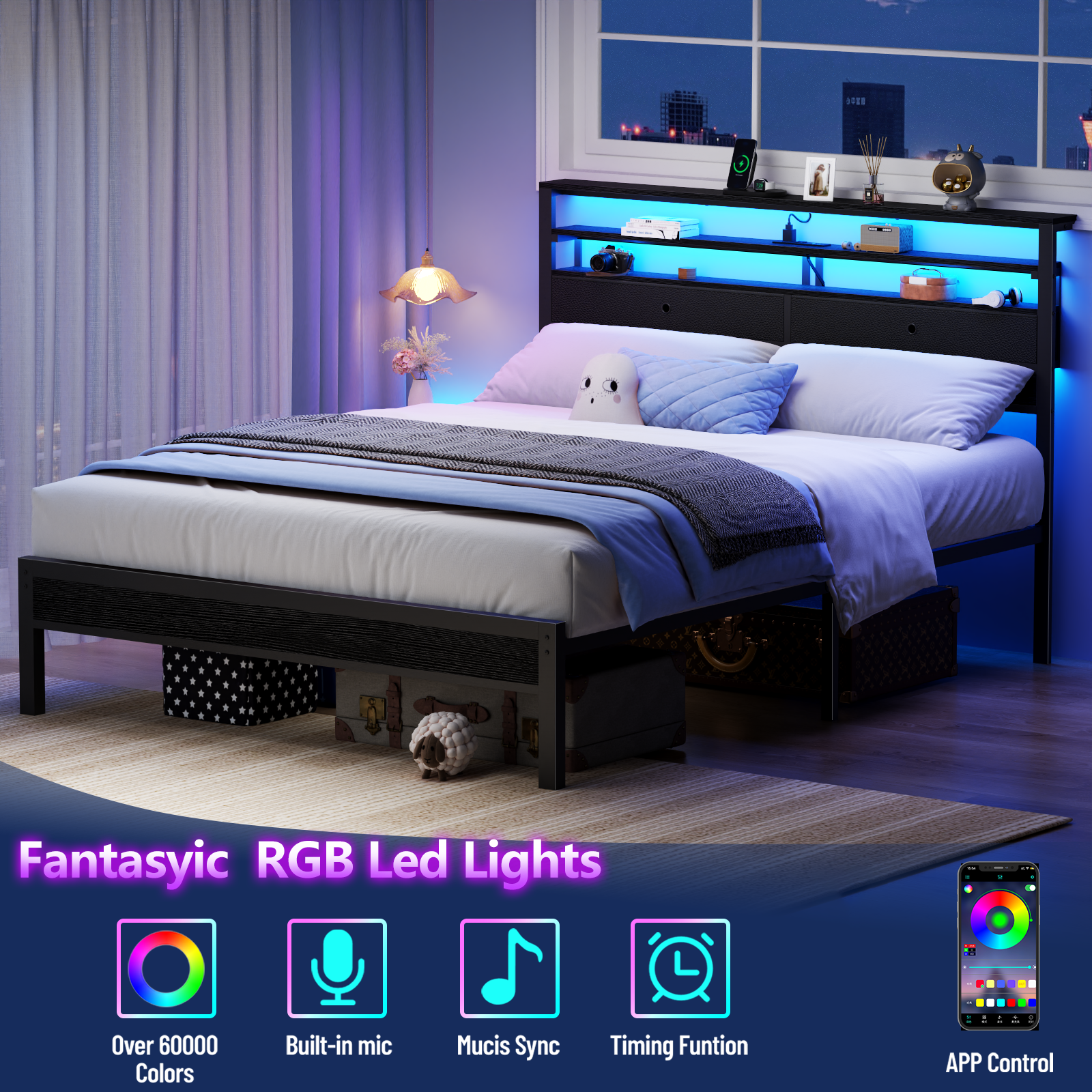 Furnulem Queen Bed Frame with Headboard 2 Fabric Drawers Bed Frame Featuring LED Lights Built-in Charging Station Storage No Box Spring Needed