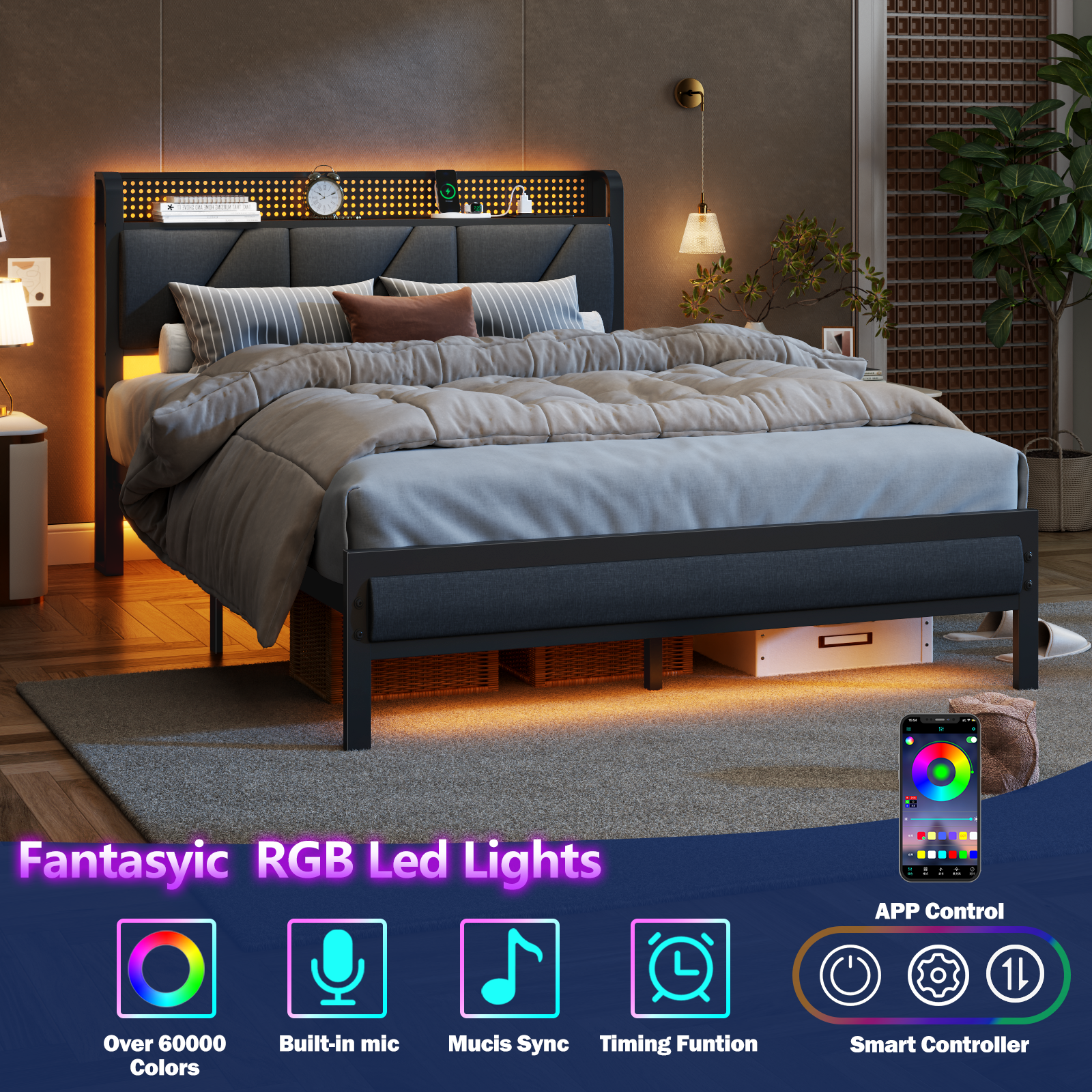 Furnulem Full Bed Frame with LED Lights,Headboard with Charging Station and USB Port,Upholstered Platform Bedframe Metal Support,No Box Spring Needed