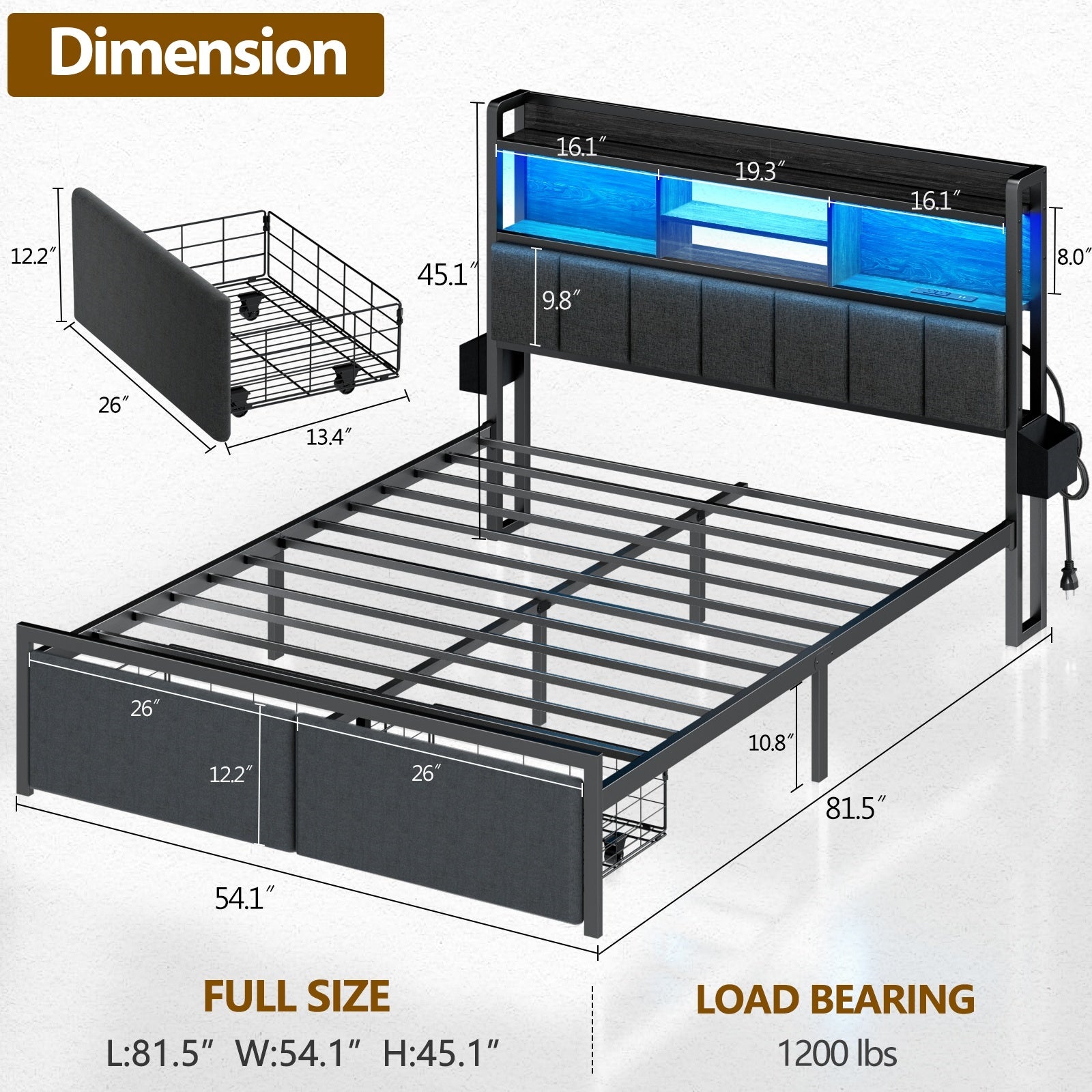 Furnulem Full  and Queen Size Bed Frame with Headboard, Bed Frame Full and Queen Size with Storage Drawers, Charging Station and LED Lights, Metal Platform No Box Spring Needed, Upholstered Headboard, Noise Free, Black