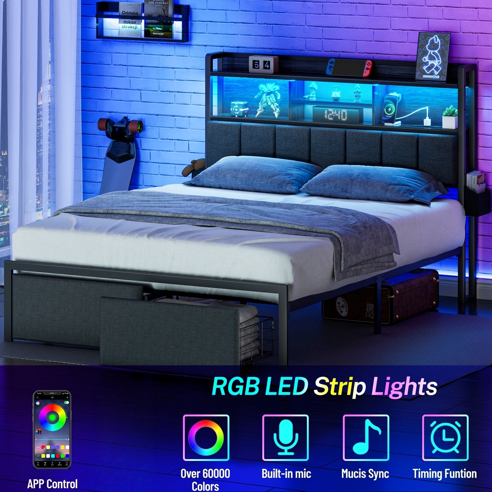 Furnulem Full  and Queen Size Bed Frame with Headboard, Bed Frame Full and Queen Size with Storage Drawers, Charging Station and LED Lights, Metal Platform No Box Spring Needed, Upholstered Headboard, Noise Free, Black