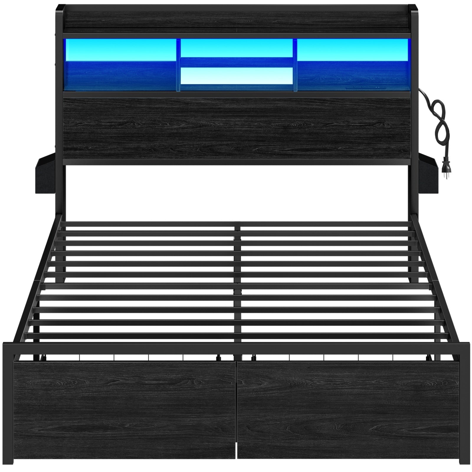 Furnulem Bed Frame with Wood Headboard and Storage Shelf, Metal Platform Bed Frame, LED Lights and Charging Station, No Box Spring Needed, Noise Free, Black