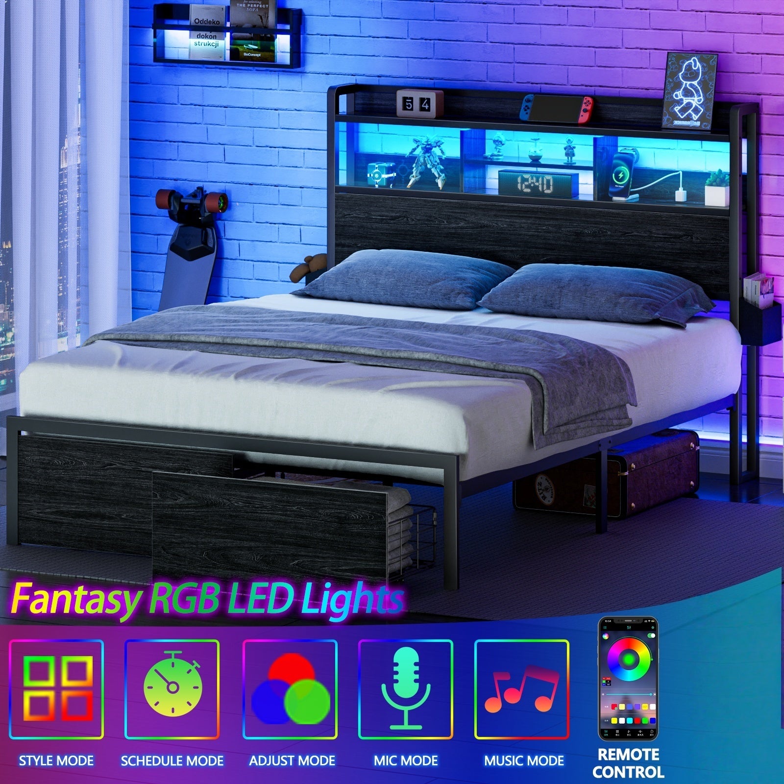 Furnulem Bed Frame with Wood Headboard and Storage Shelf, Metal Platform Bed Frame, LED Lights and Charging Station, No Box Spring Needed, Noise Free, Black