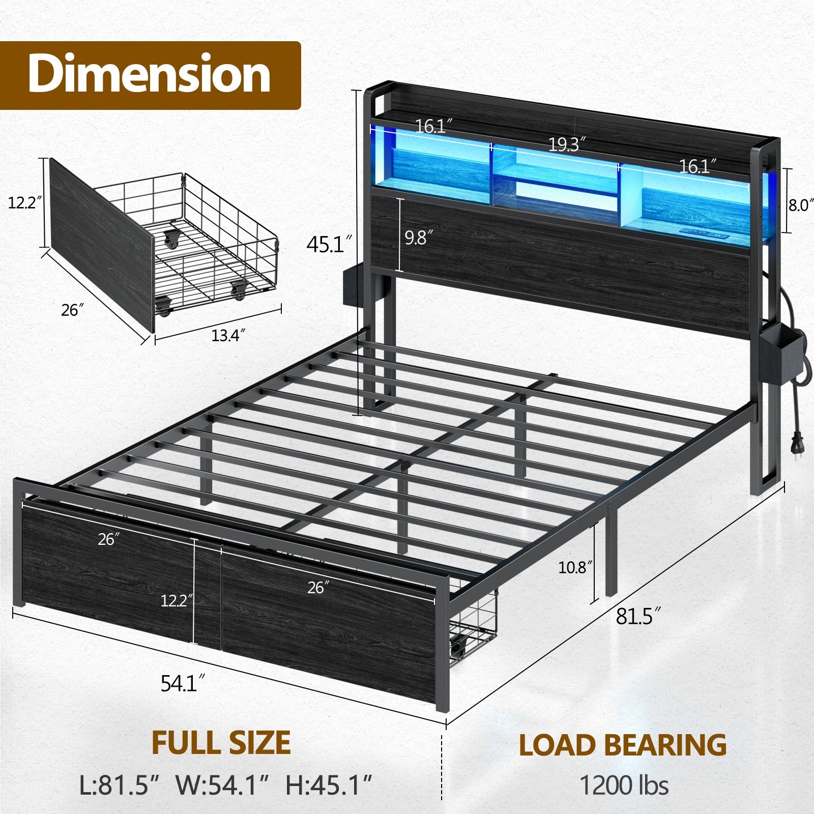 Furnulem Bed Frame with Wood Headboard and Storage Shelf, Metal Platform Bed Frame, LED Lights and Charging Station, No Box Spring Needed, Noise Free, Black