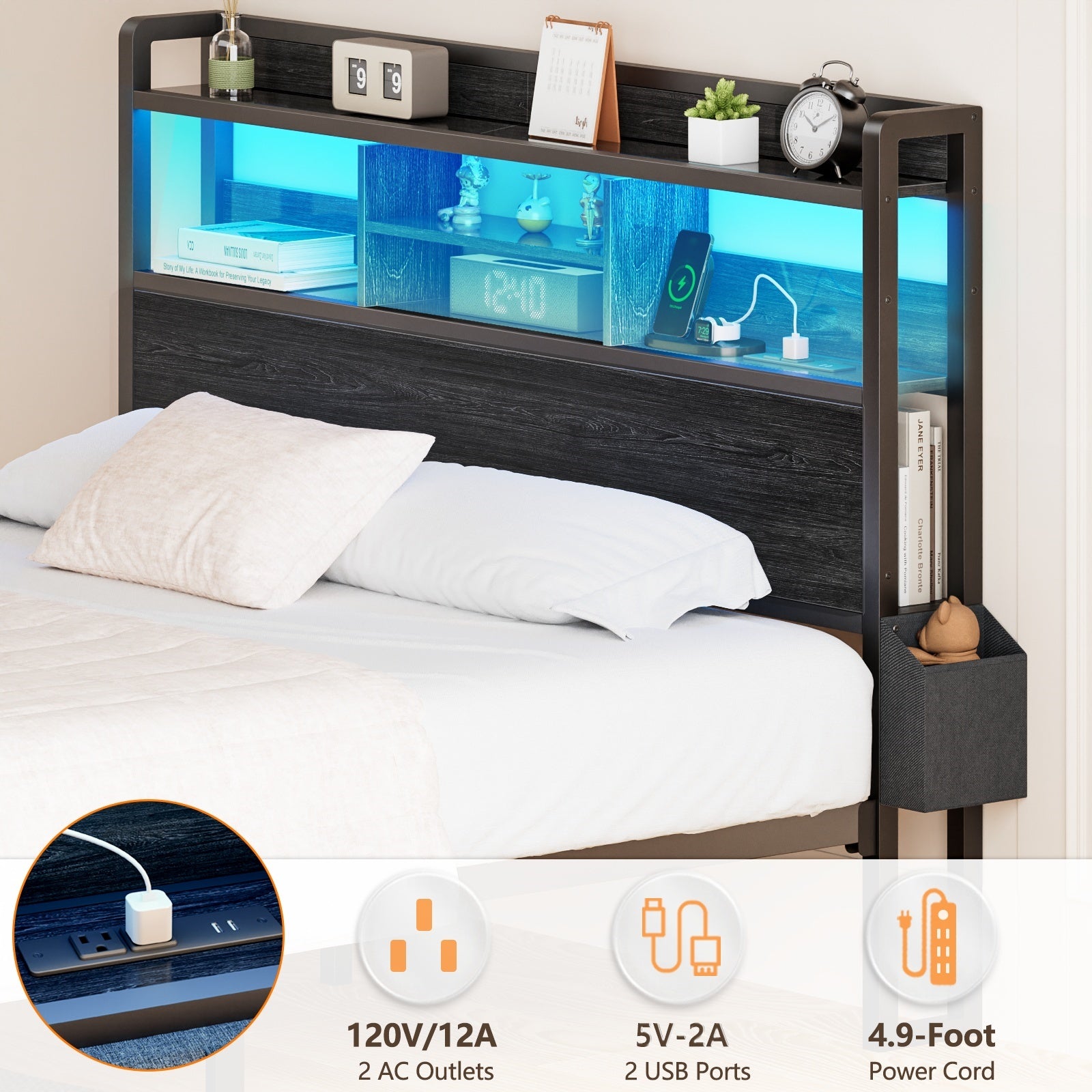 Furnulem Bed Frame with Wood Headboard and Storage Shelf, Metal Platform Bed Frame, LED Lights and Charging Station, No Box Spring Needed, Noise Free, Black