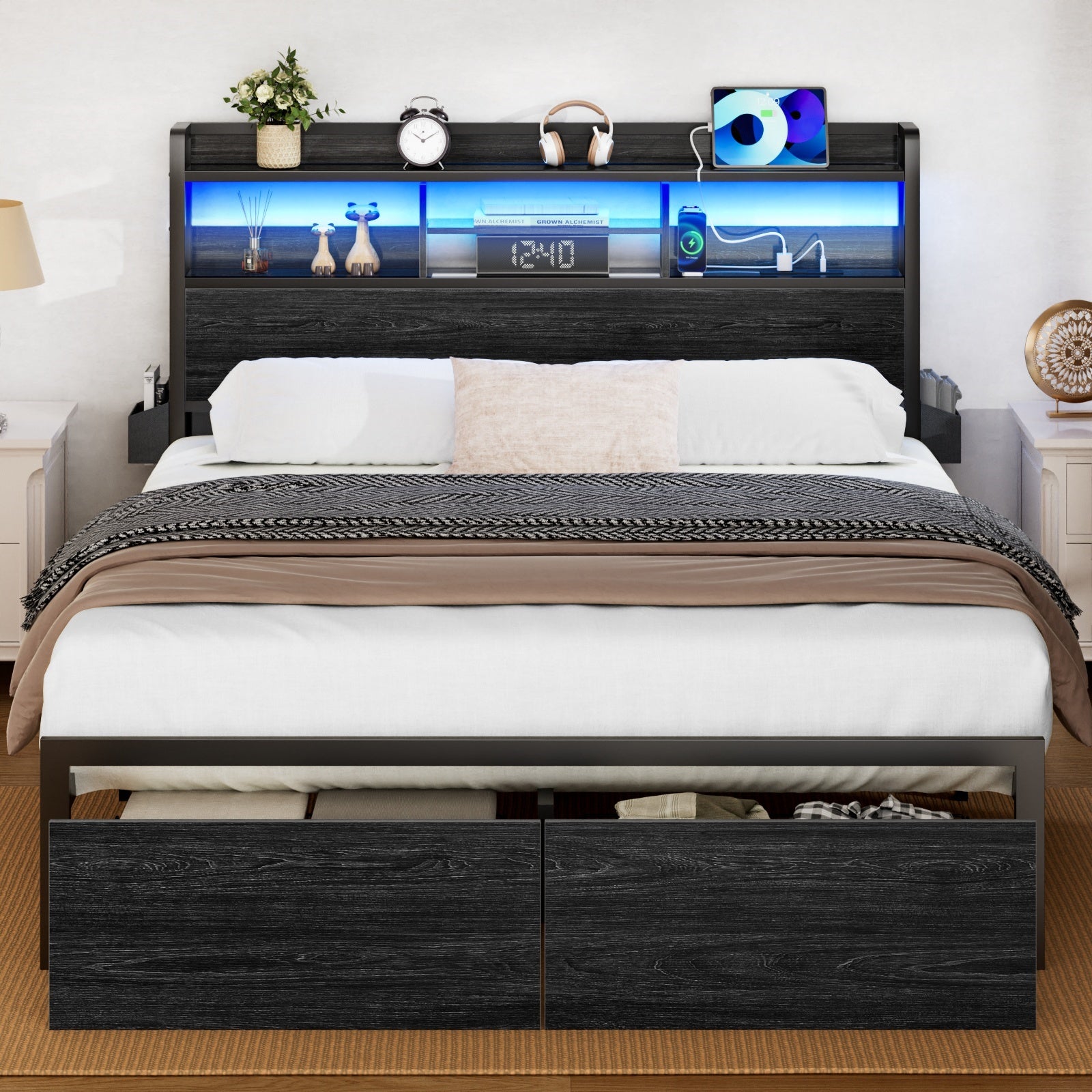 Furnulem Bed Frame with Wood Headboard and Storage Shelf, Metal Platform Bed Frame, LED Lights and Charging Station, No Box Spring Needed, Noise Free, Black