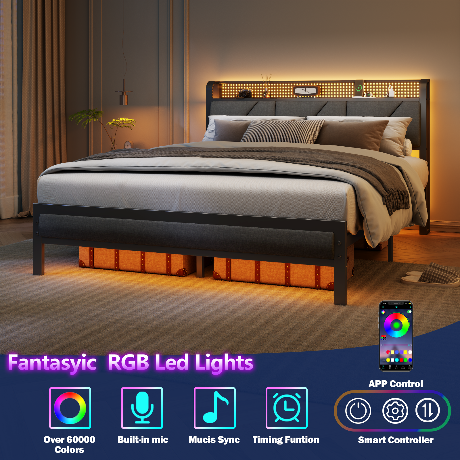 Queen Size Platform Bed Frame Upholstered Headboard LED Lights Charging Station Heavy Duty Metal Support No Box Spring Needed Modern Bedroom USB