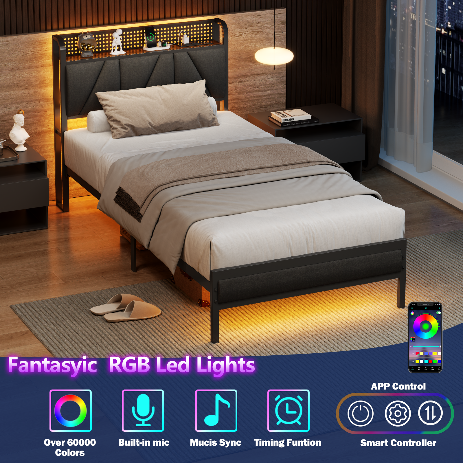 Twin Size Metal Smart Bed Frames with Upholstered Headboard, LED Lights, USB Ports and Outlets, Storage Shelves & Underbed