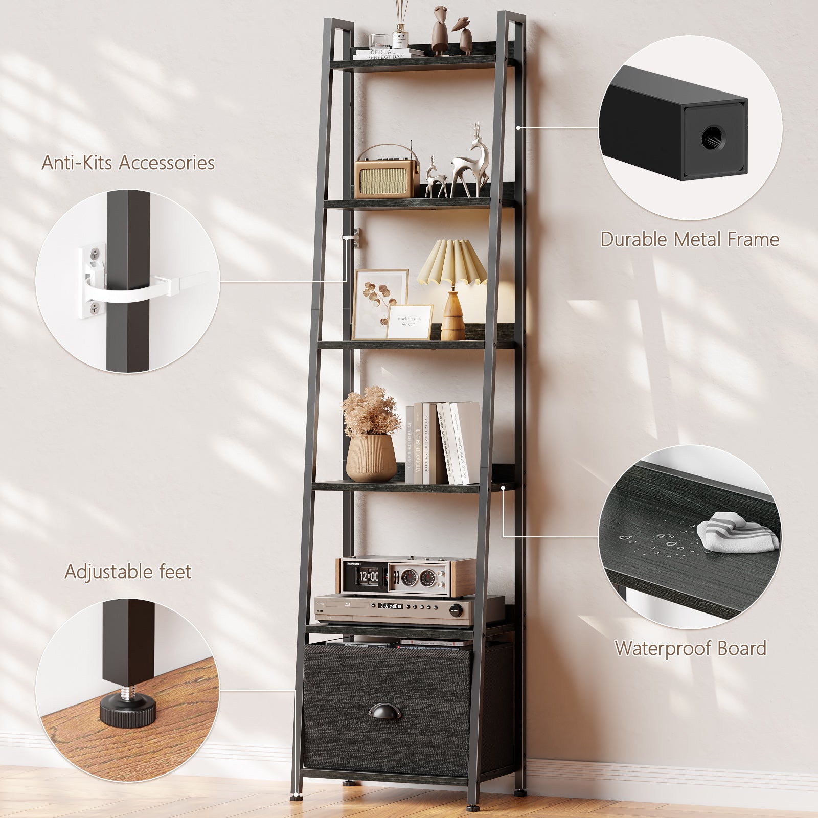 Qwatto Black 6 Tier Ladder Bookshelf with Drawer Tall Industrial Wood Metal Freestanding Storage Rack Etagere Display Bookcase for Home Office Rooms
