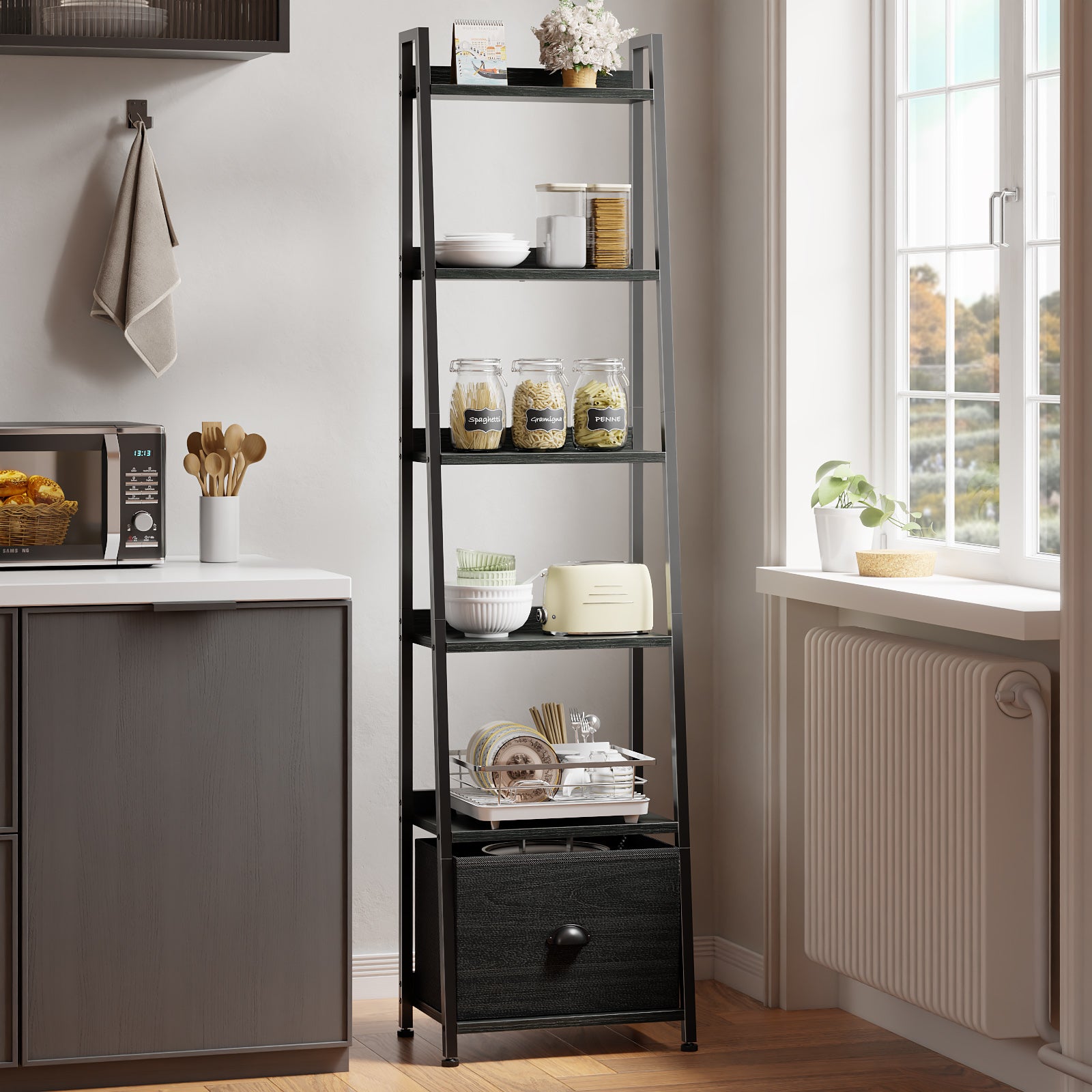 Qwatto Black 6 Tier Ladder Bookshelf with Drawer Tall Industrial Wood Metal Freestanding Storage Rack Etagere Display Bookcase for Home Office Rooms