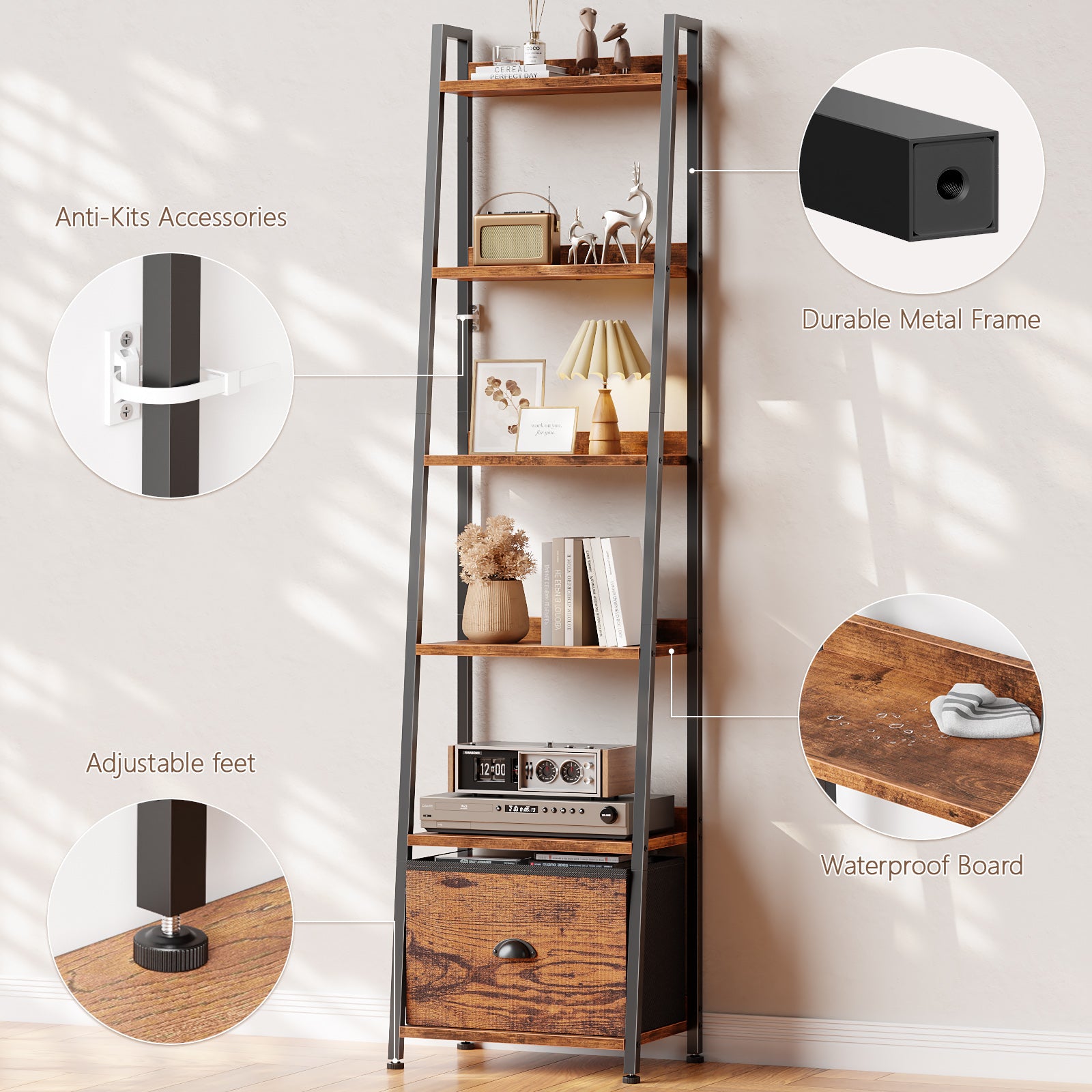 Rustic Brown 6 Tier Ladder Bookshelf with Drawer Tall Industrial Wood Metal Freestanding Storage Rack Etagere Display Bookcase for Home Office Rooms