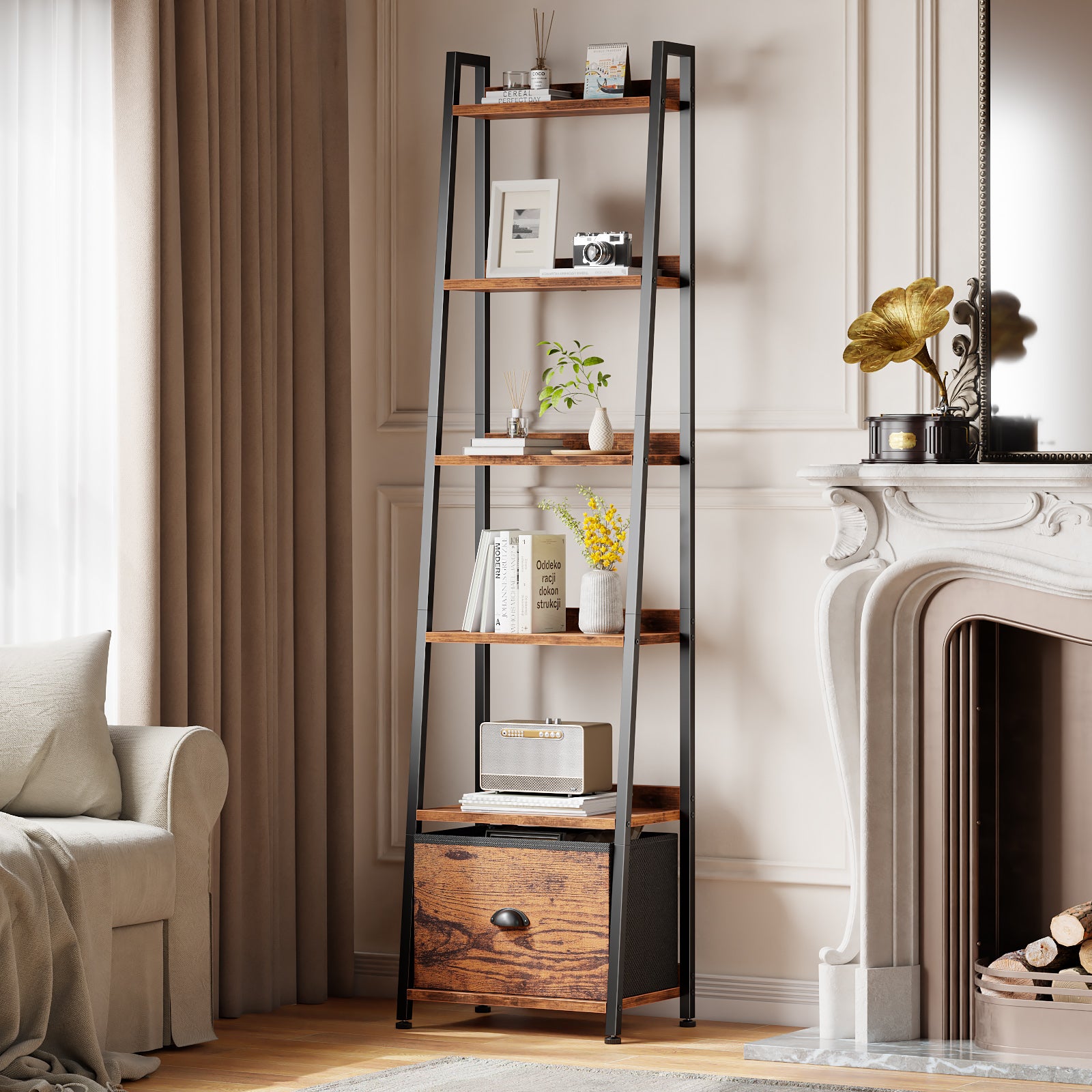 Rustic Brown 6 Tier Ladder Bookshelf with Drawer Tall Industrial Wood Metal Freestanding Storage Rack Etagere Display Bookcase for Home Office Rooms