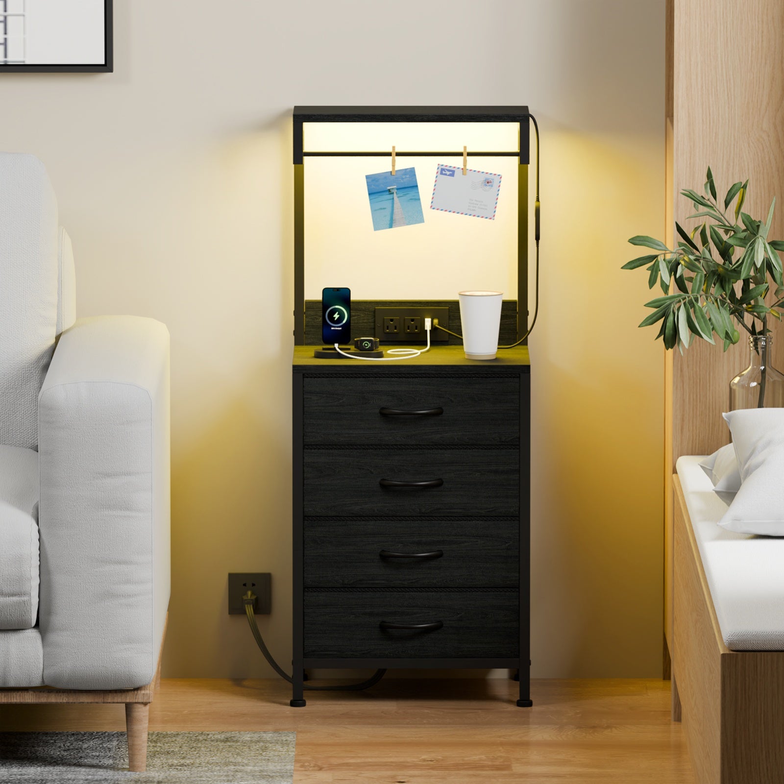 Furnulem Night Stand with Charging Station, 38'' Tall Nightstand with 4 Fabric Drawers and LED Lights, Bedside Table with Storage Shelf for Bedroom, Office, Metal Frame, Wood Shelves