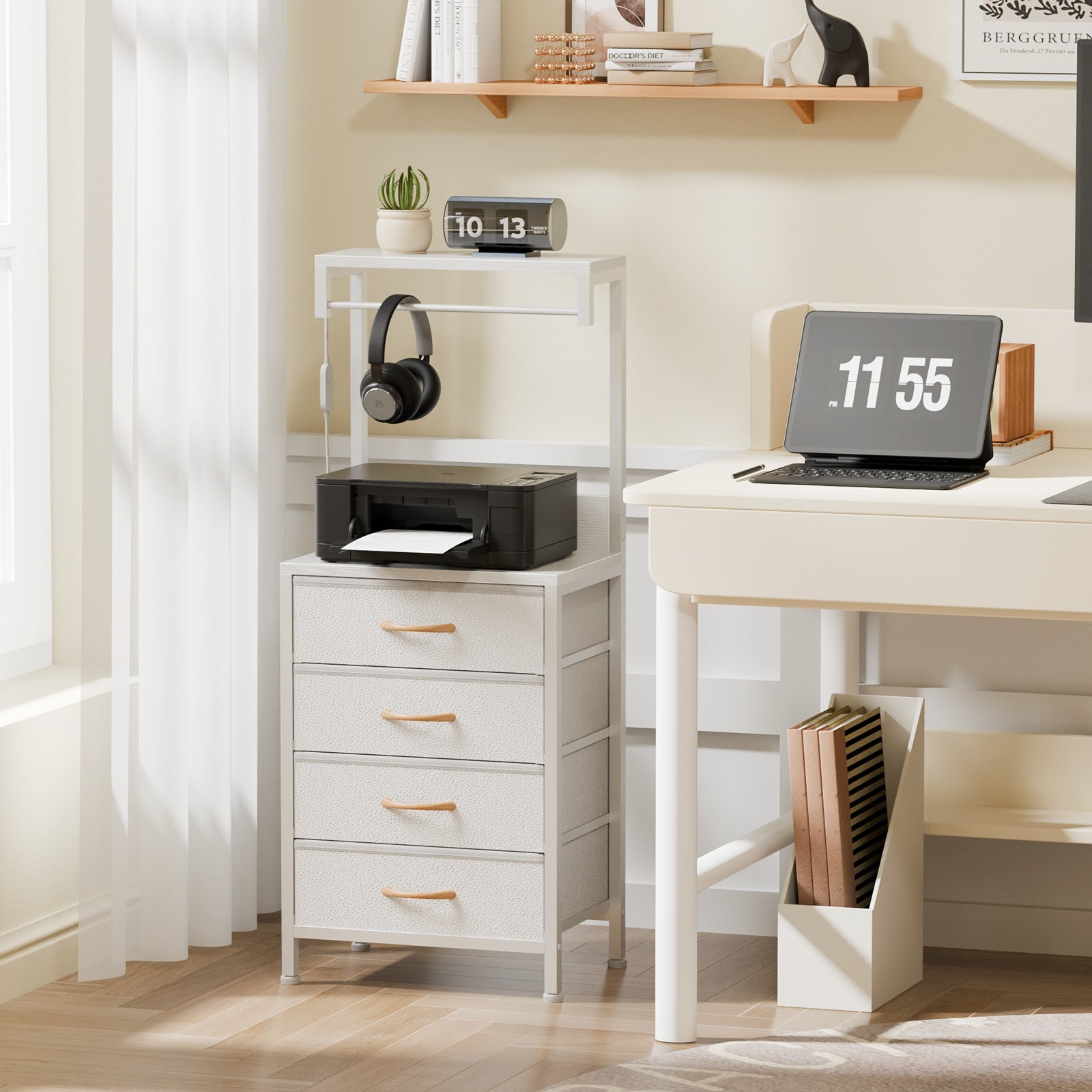 Furnulem Night Stand with Charging Station, 38'' Tall Nightstand with 4 Fabric Drawers and LED Lights, Bedside Table with Storage Shelf for Bedroom, Office, Metal Frame, Wood Shelves