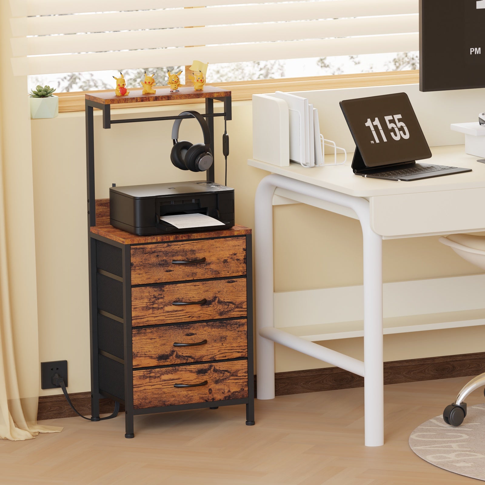 Furnulem Night Stand with Charging Station, 38'' Tall Nightstand with 4 Fabric Drawers and LED Lights, Bedside Table with Storage Shelf for Bedroom, Office, Metal Frame, Wood Shelves