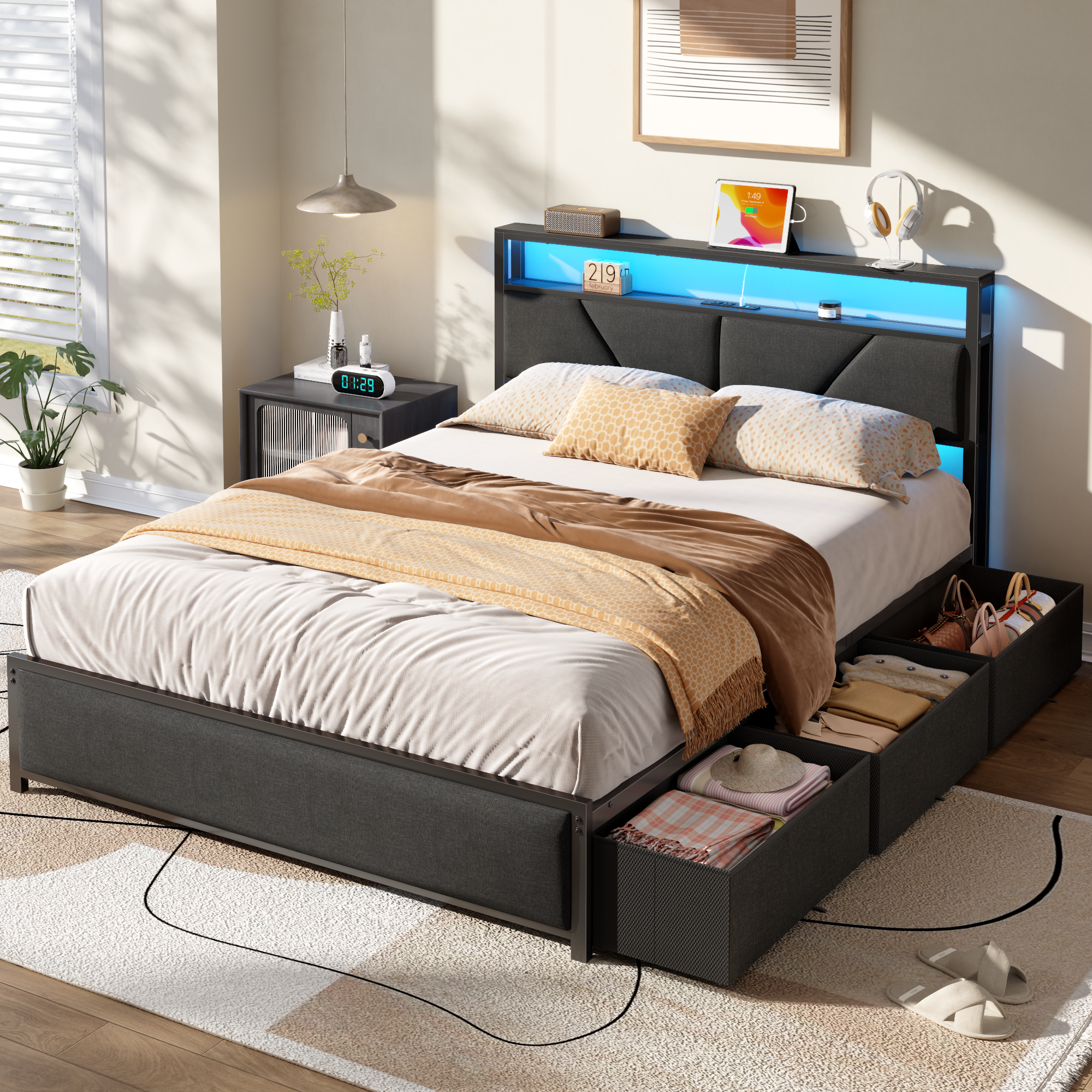 Qwatto Queen Size Bed Frame with 6 Storage Drawers Charging Station LED Lights Upholstered Storage Headboard Metal Platform No Box Spring Needed