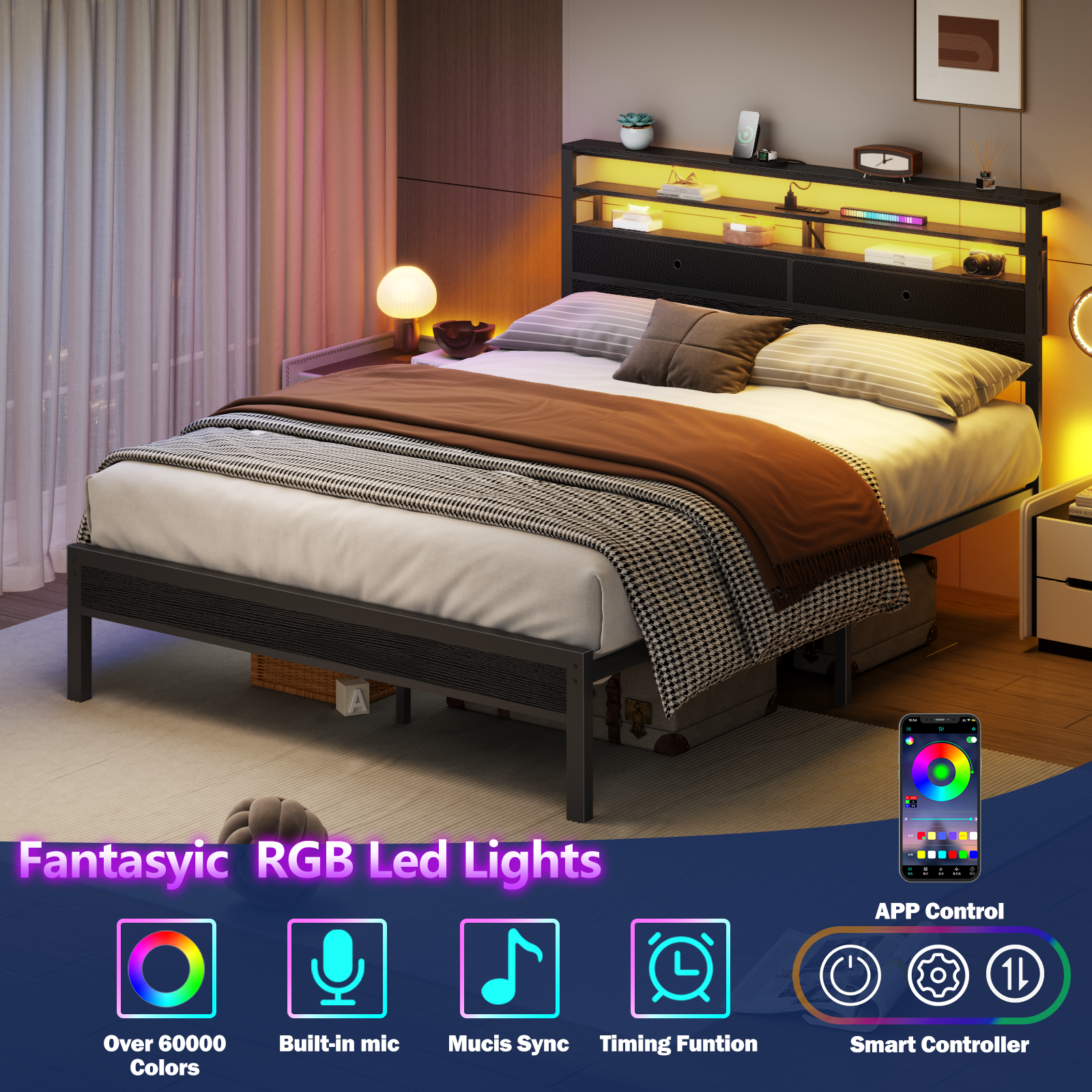 Modern Queen Size Bed Frame With LED Lights Storage Headboard Power Strip Charging Station Wood Metal Support No Box Spring Needed Bedroom Black