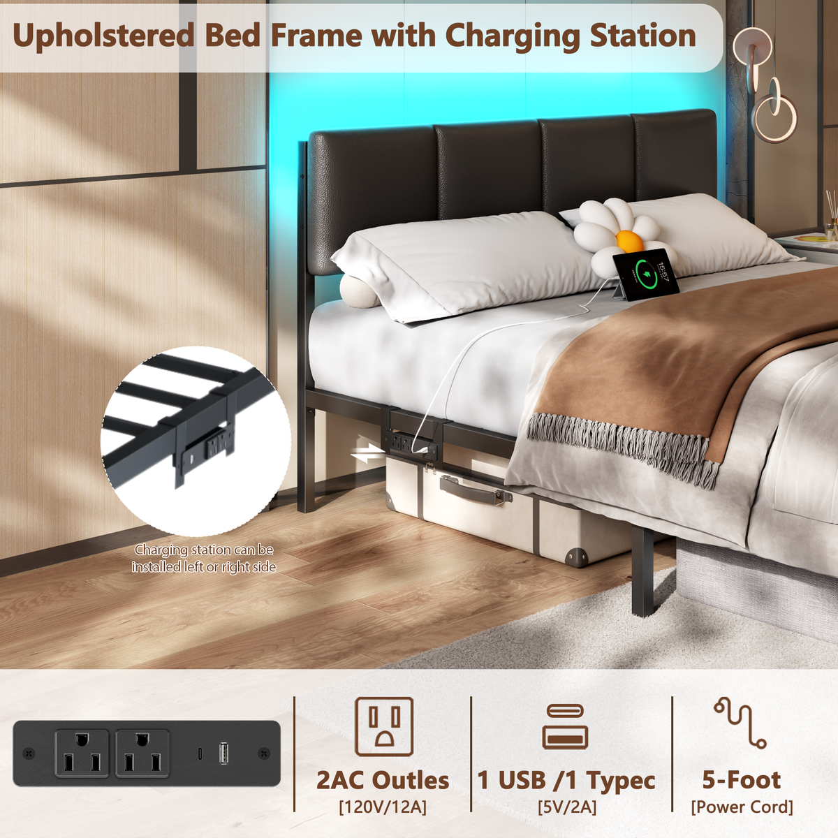 Upholstered Platform Bed Frame LED Lights Charging Station USB Port