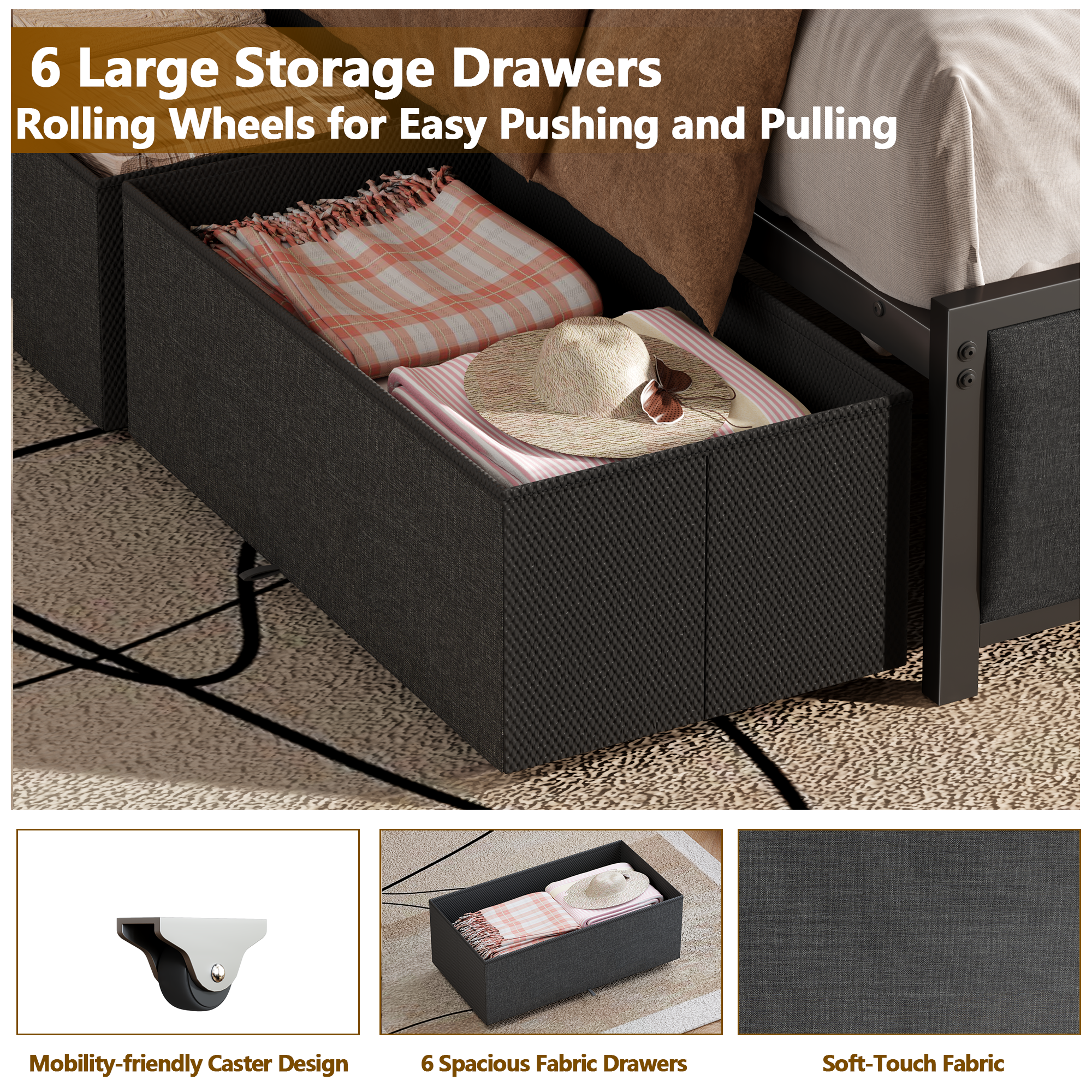 Qwatto Queen Size Bed Frame with 6 Storage Drawers Charging Station LED Lights Upholstered Storage Headboard Metal Platform No Box Spring Needed