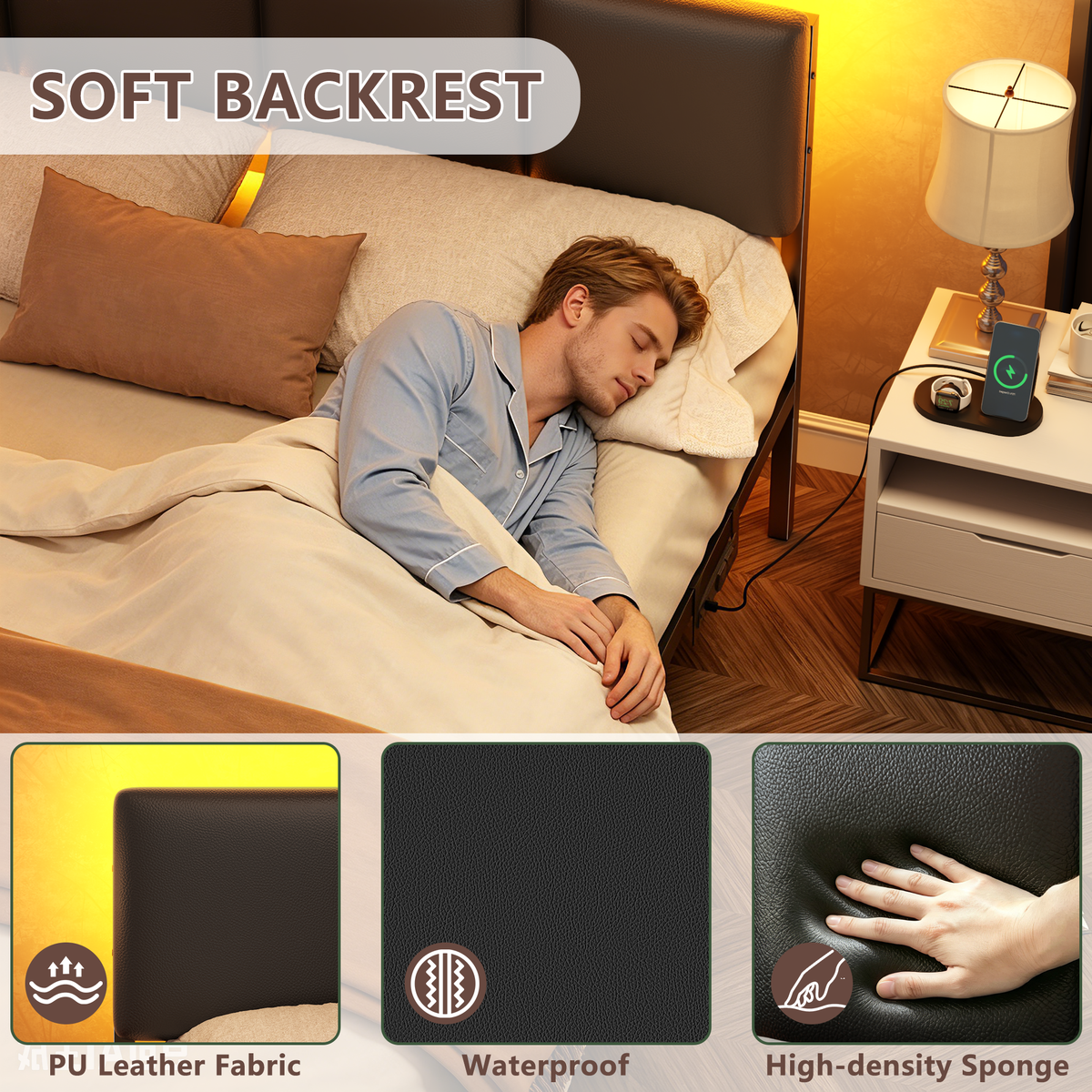 Upholstered Platform Bed Frame LED Lights Charging Station USB Port