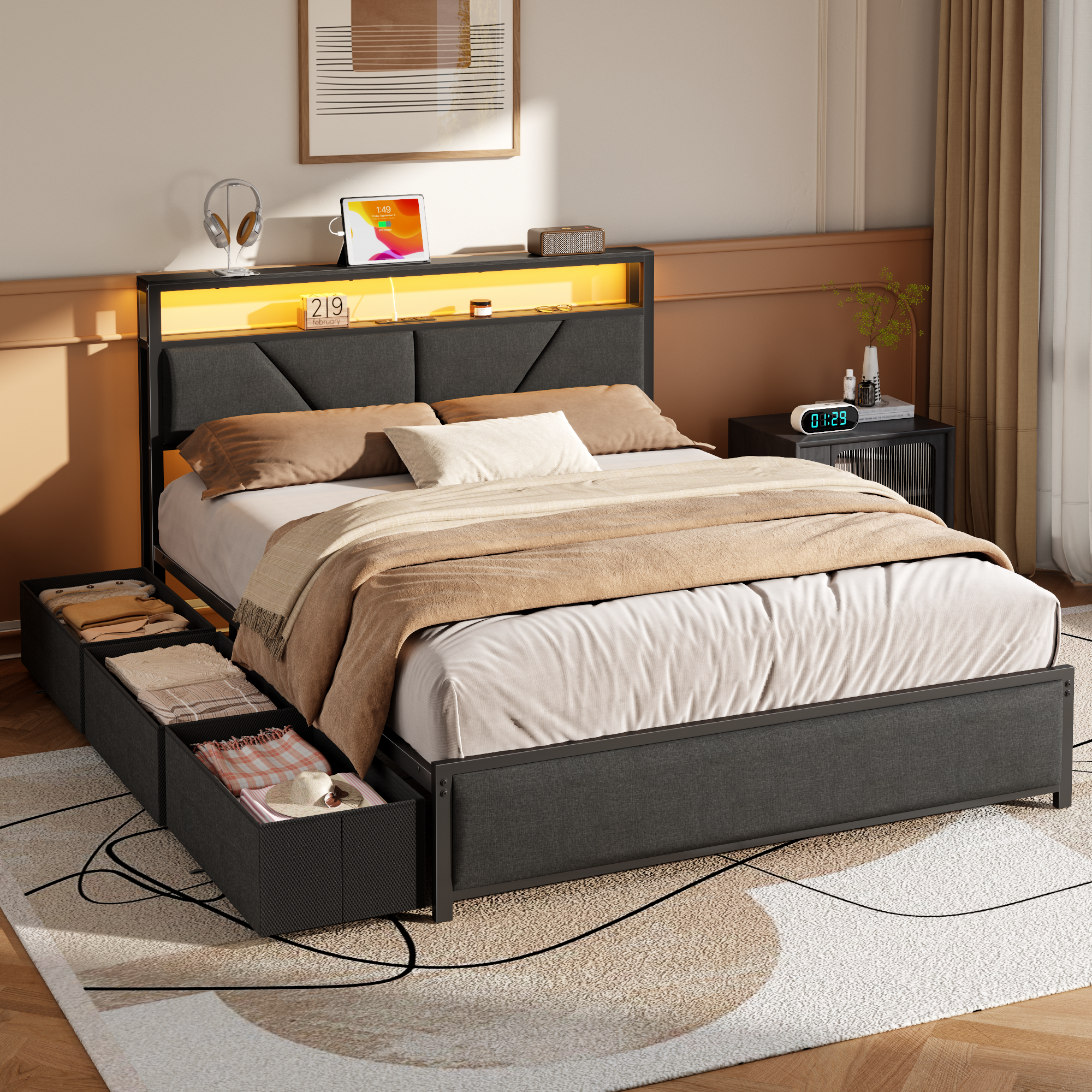 Qwatto Queen Size Bed Frame with 6 Storage Drawers Charging Station LED Lights Upholstered Storage Headboard Metal Platform No Box Spring Needed