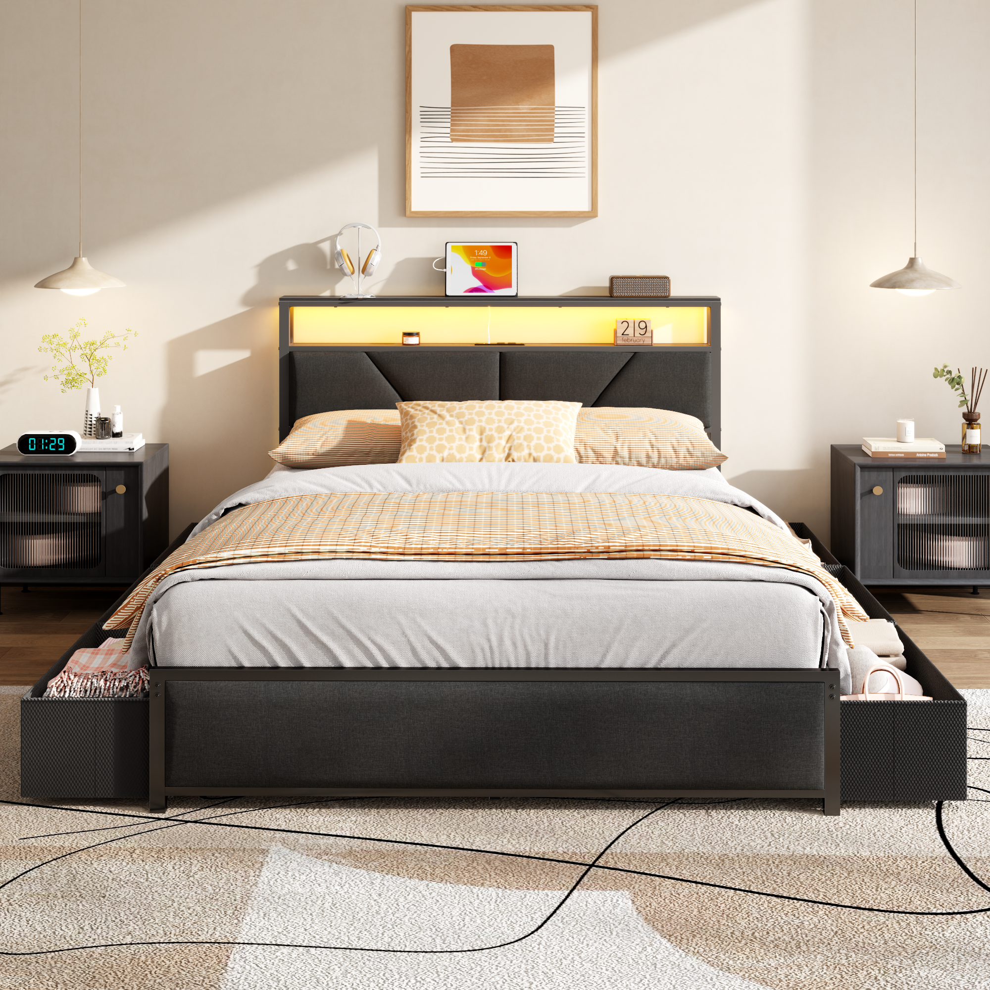 Qwatto Queen Size Bed Frame with 6 Storage Drawers Charging Station LED Lights Upholstered Storage Headboard Metal Platform No Box Spring Needed