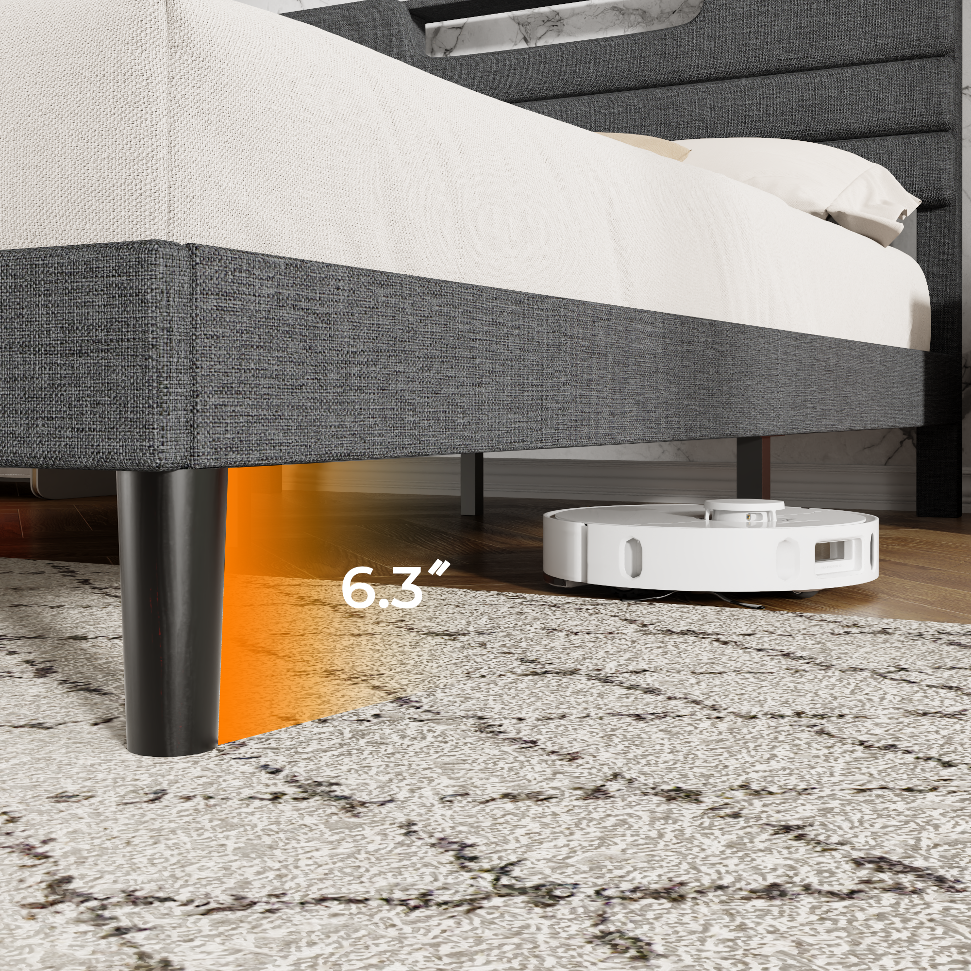 Furnulem Queen Size Bed Frames with Upholstered Headboard Bed with Charging Station and Led Lights Bed Frame with Sturdy Wooden Slats/2-Tier Storage