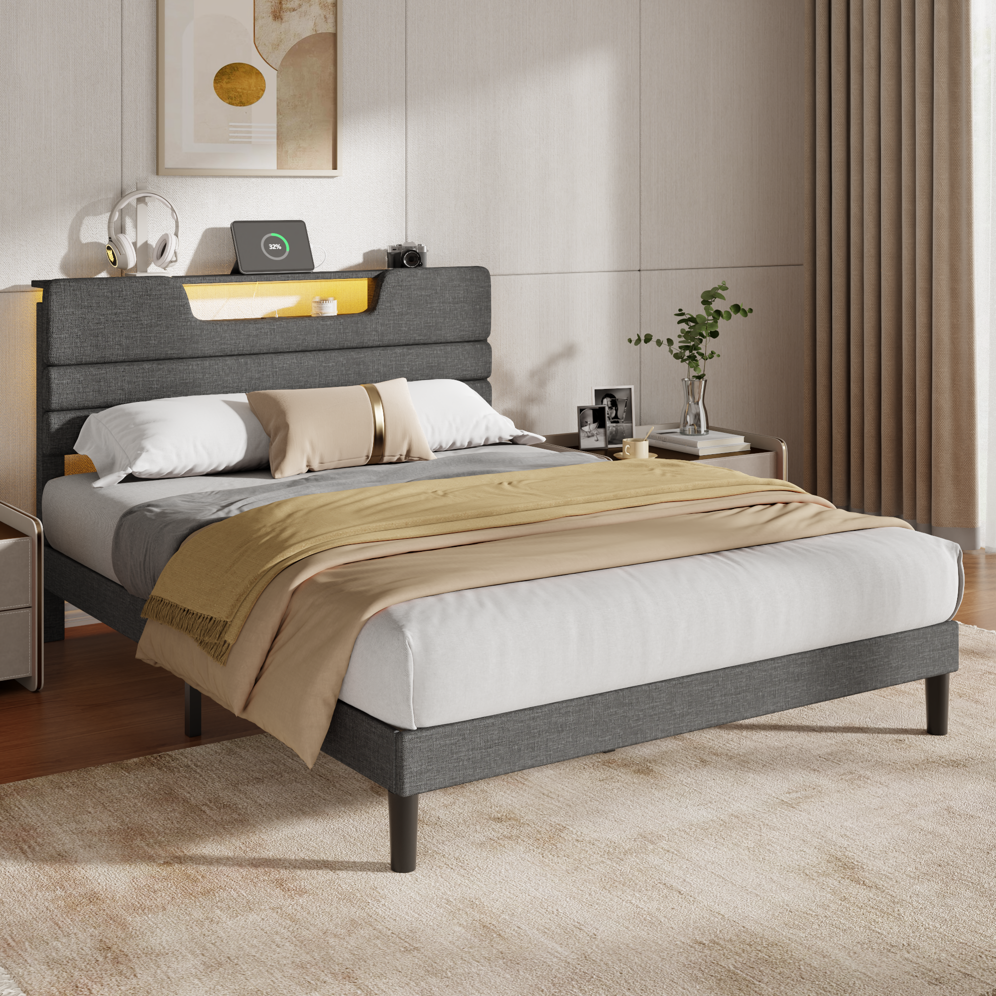 Furnulem Queen Size Bed Frames with Upholstered Headboard Bed with Charging Station and Led Lights Bed Frame with Sturdy Wooden Slats/2-Tier Storage