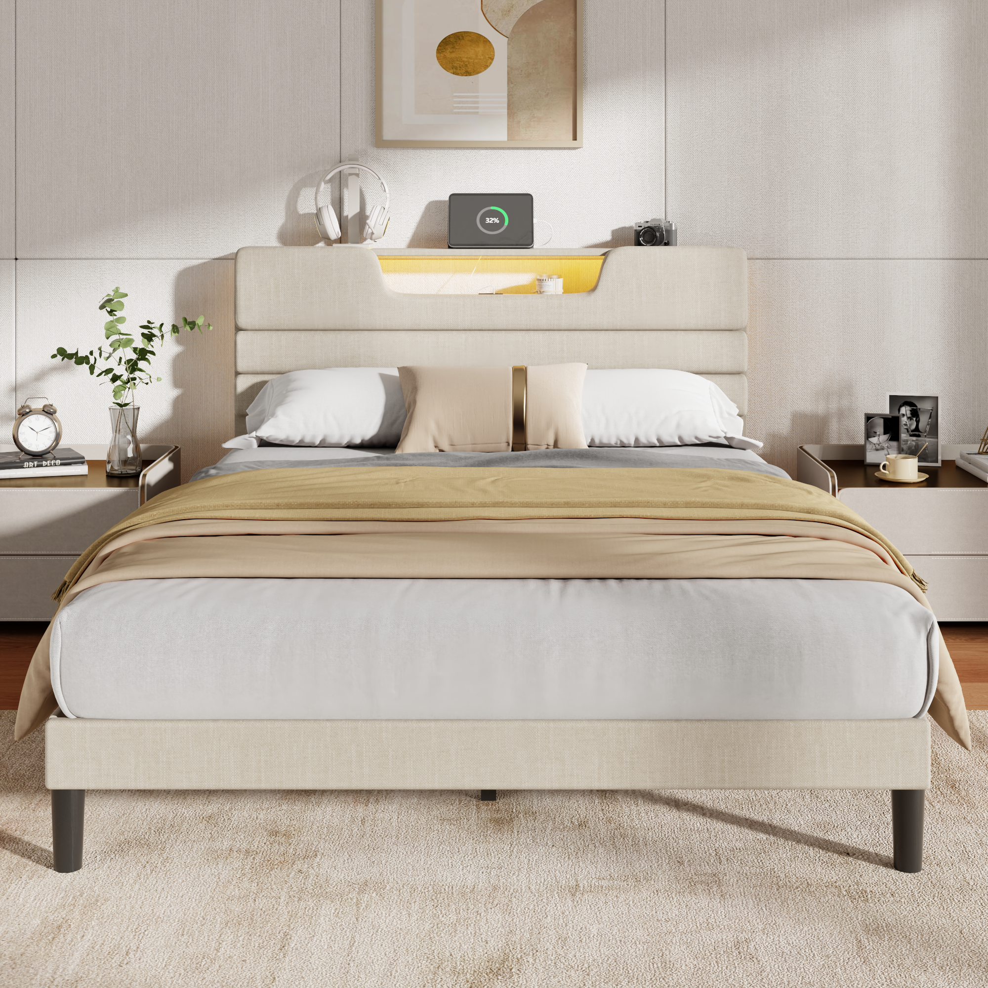 Queen Size Bed Frames with Upholstered Headboard Modern Platform Bed with Bed Frame with Sturdy Wooden Slats/No Box Spring Needed/2-Tier Storage Beige