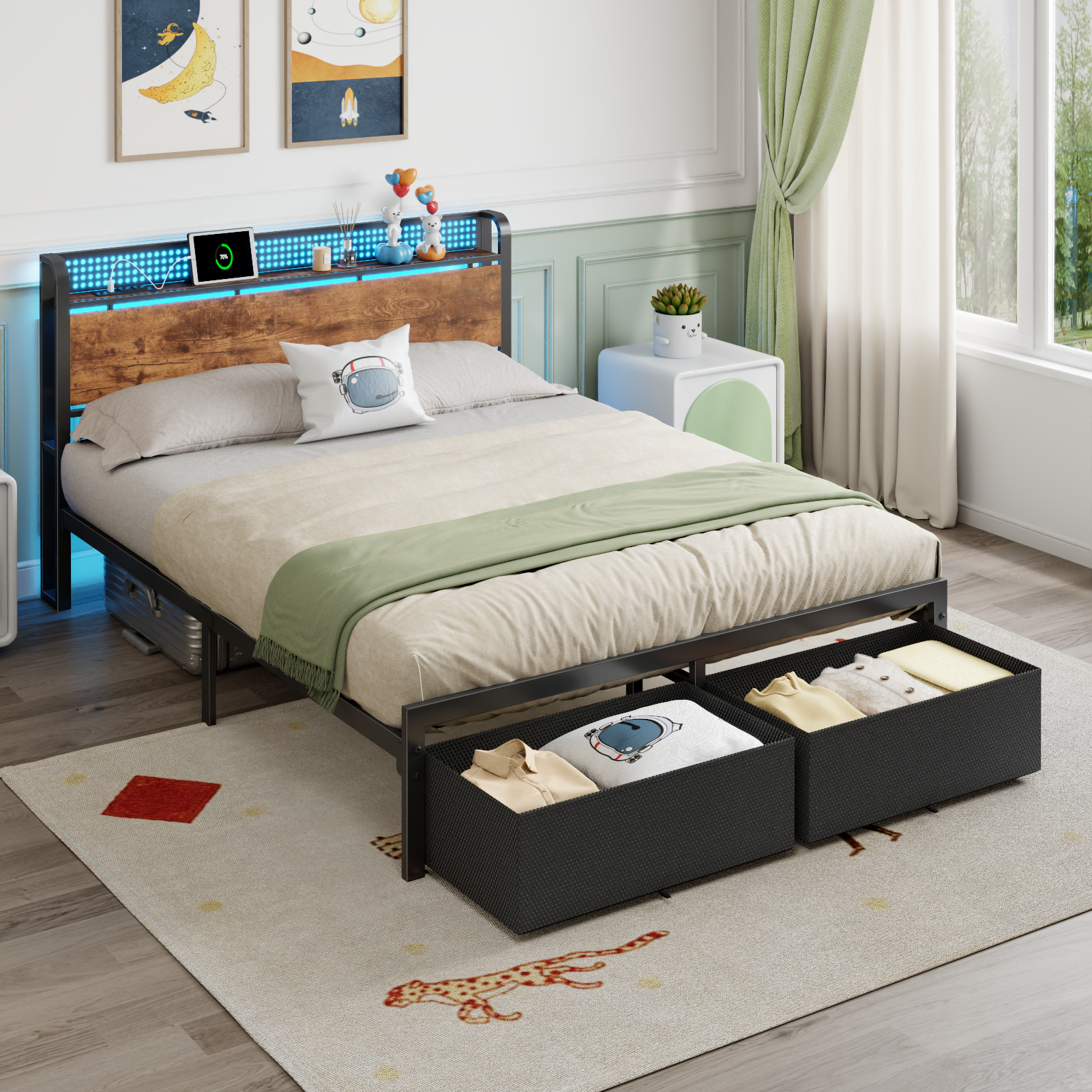 Queen Bed Frame with Storage Headboard Shelf 2 Drawers Built in Charging Station LED Lights Metal Platform No Box Spring Needed