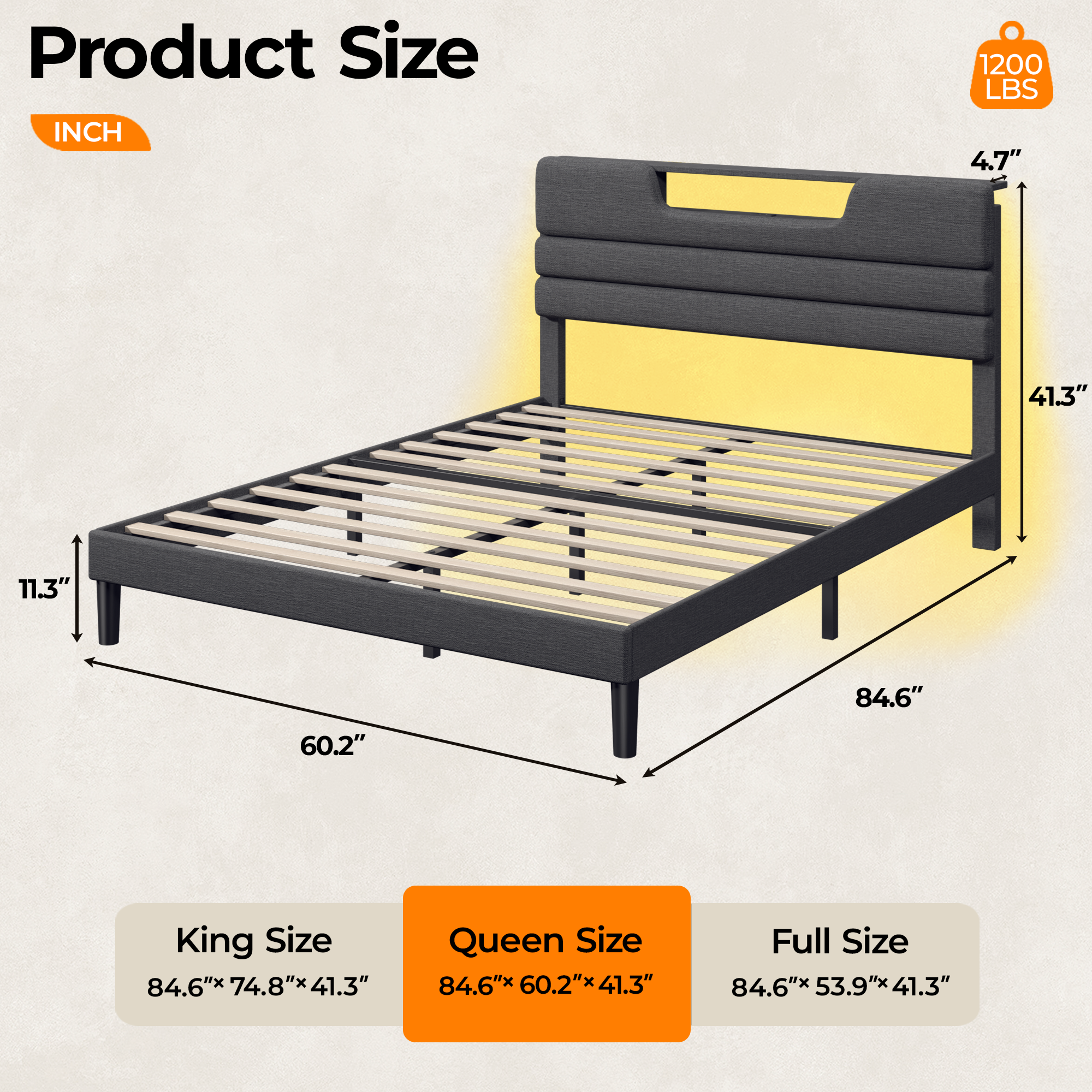 Furnulem Queen Size Bed Frames with Upholstered Headboard Bed with Charging Station and Led Lights Bed Frame with Sturdy Wooden Slats/2-Tier Storage