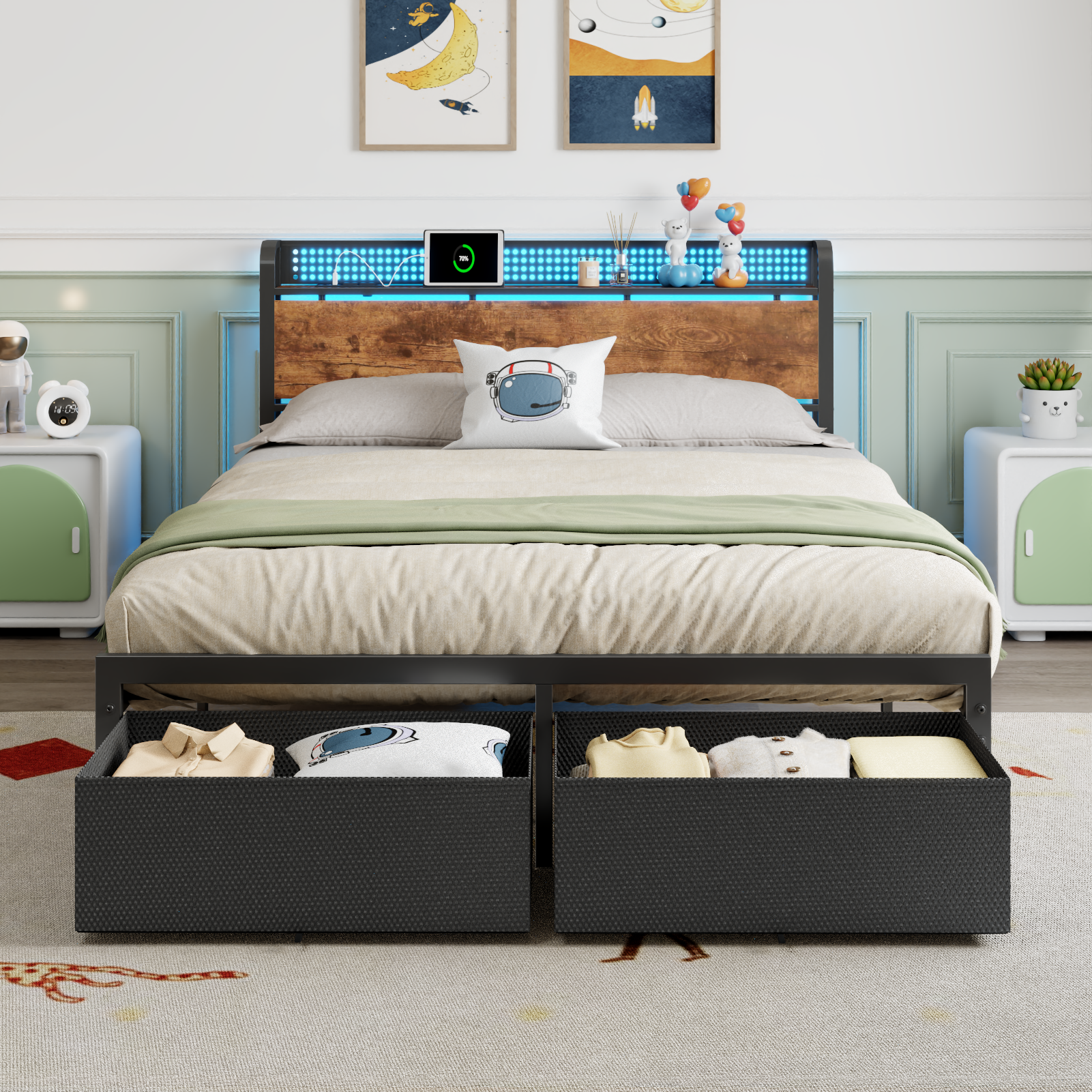 Furnulem Queen Size Bed Frame with Headboard Storage Platform Bed Frame Queen Size with 2 Drawers Charging Station and LED Lights No Box Spring Needed