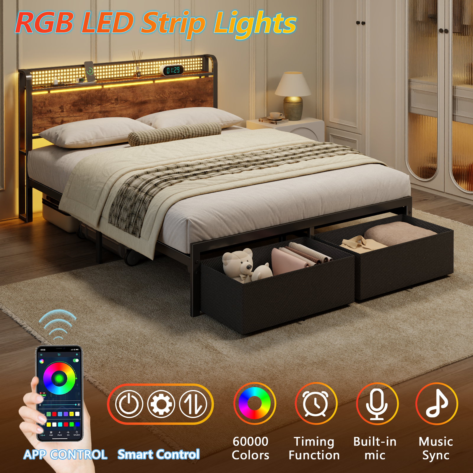 Queen Size Bed Frame with Charging Station LED Lights 2 Storage Drawers Storage Headboard Platform Bed No Box Spring Needed