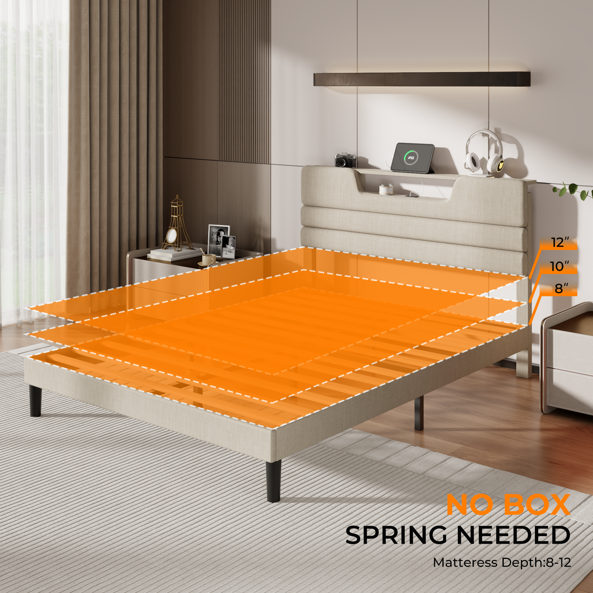 Queen Size Bed Frames with Upholstered Headboard Modern Platform Bed with Bed Frame with Sturdy Wooden Slats/No Box Spring Needed/2-Tier Storage Beige