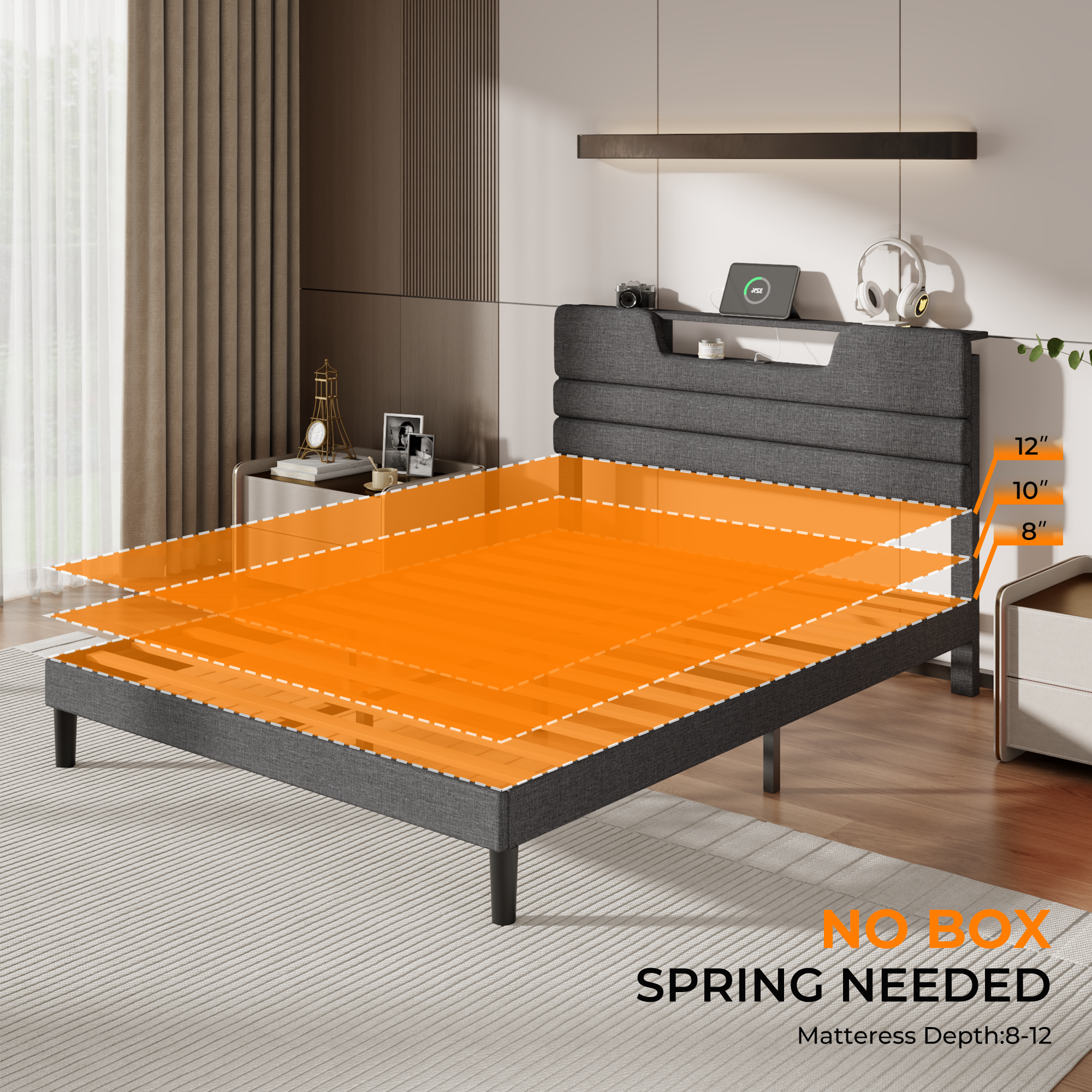 Furnulem Queen Size Bed Frames with Upholstered Headboard Bed with Charging Station and Led Lights Bed Frame with Sturdy Wooden Slats/2-Tier Storage