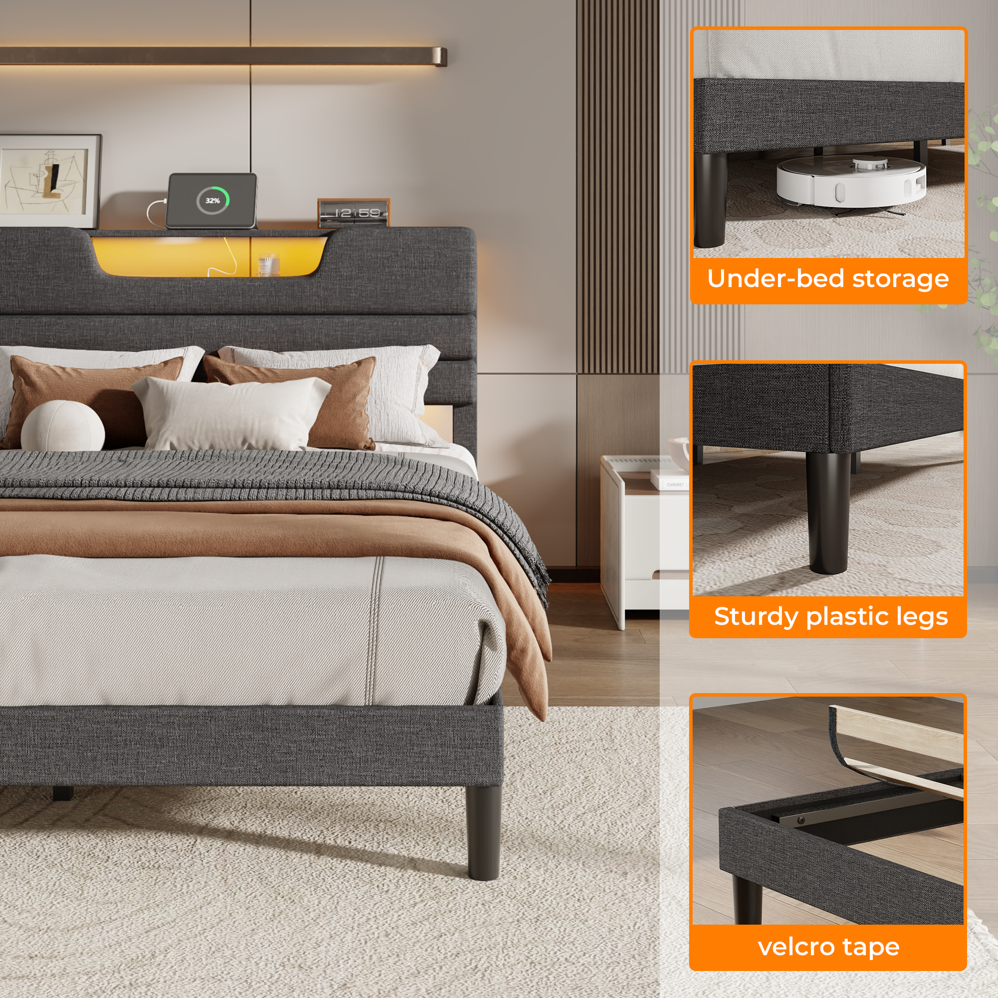 Queen Size Bed Frames with Upholstered Headboard Bed with Charging Station and Led Lights Bed Frame with Sturdy Wooden Slats/2-Tier Storage Grey