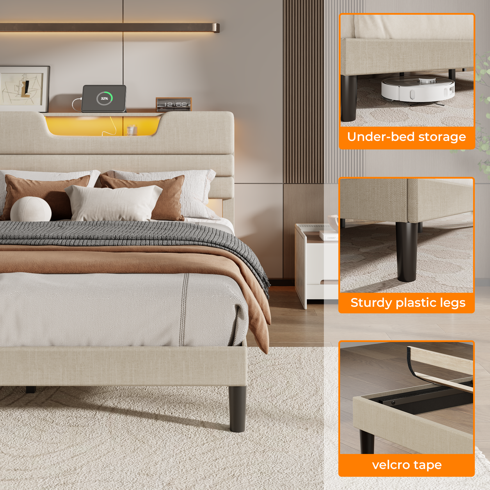 Queen Size Bed Frames with Upholstered Headboard Modern Platform Bed with Bed Frame with Sturdy Wooden Slats/No Box Spring Needed/2-Tier Storage Beige