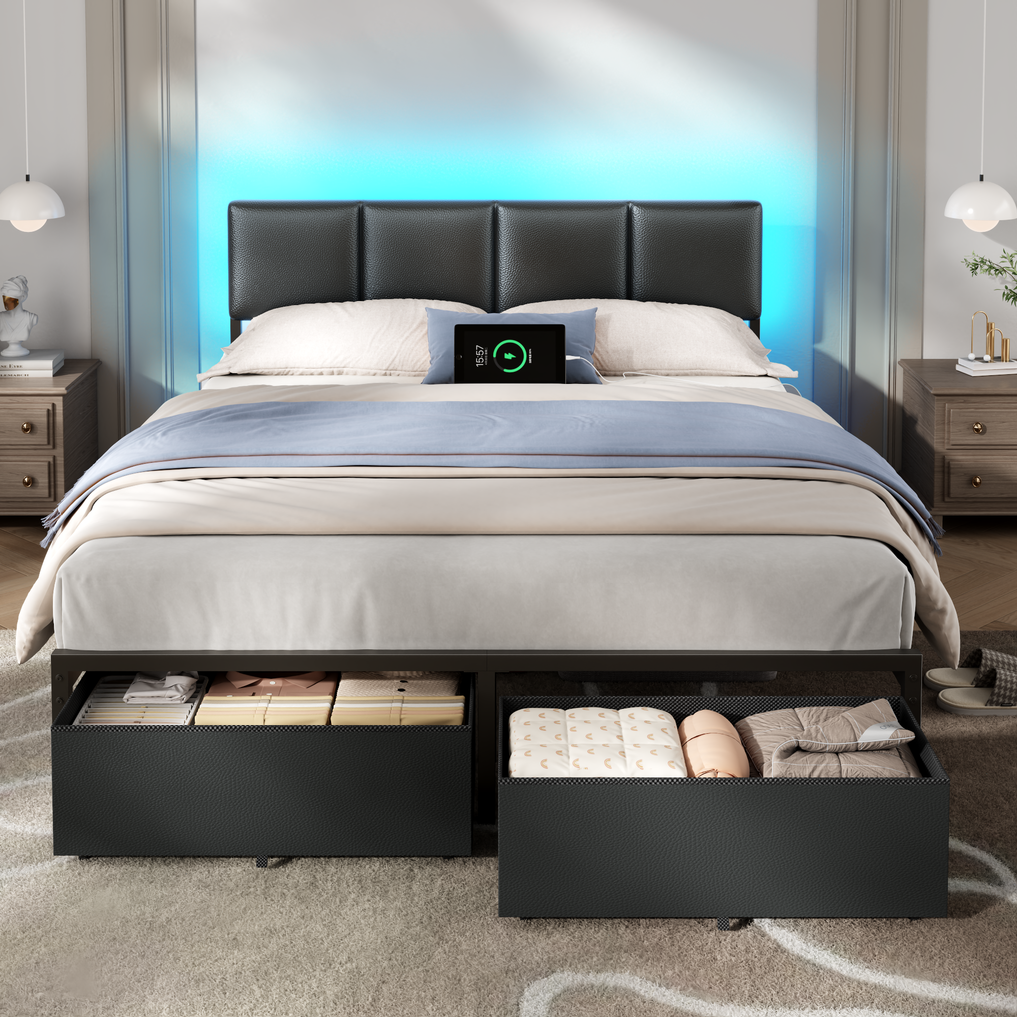 Qwatto Queen Size Upholstered Platform Bed Frame LED Lights Charging Station USB Port 2 Storage Drawers No Box Spring Needed Faux Leather Metal Black