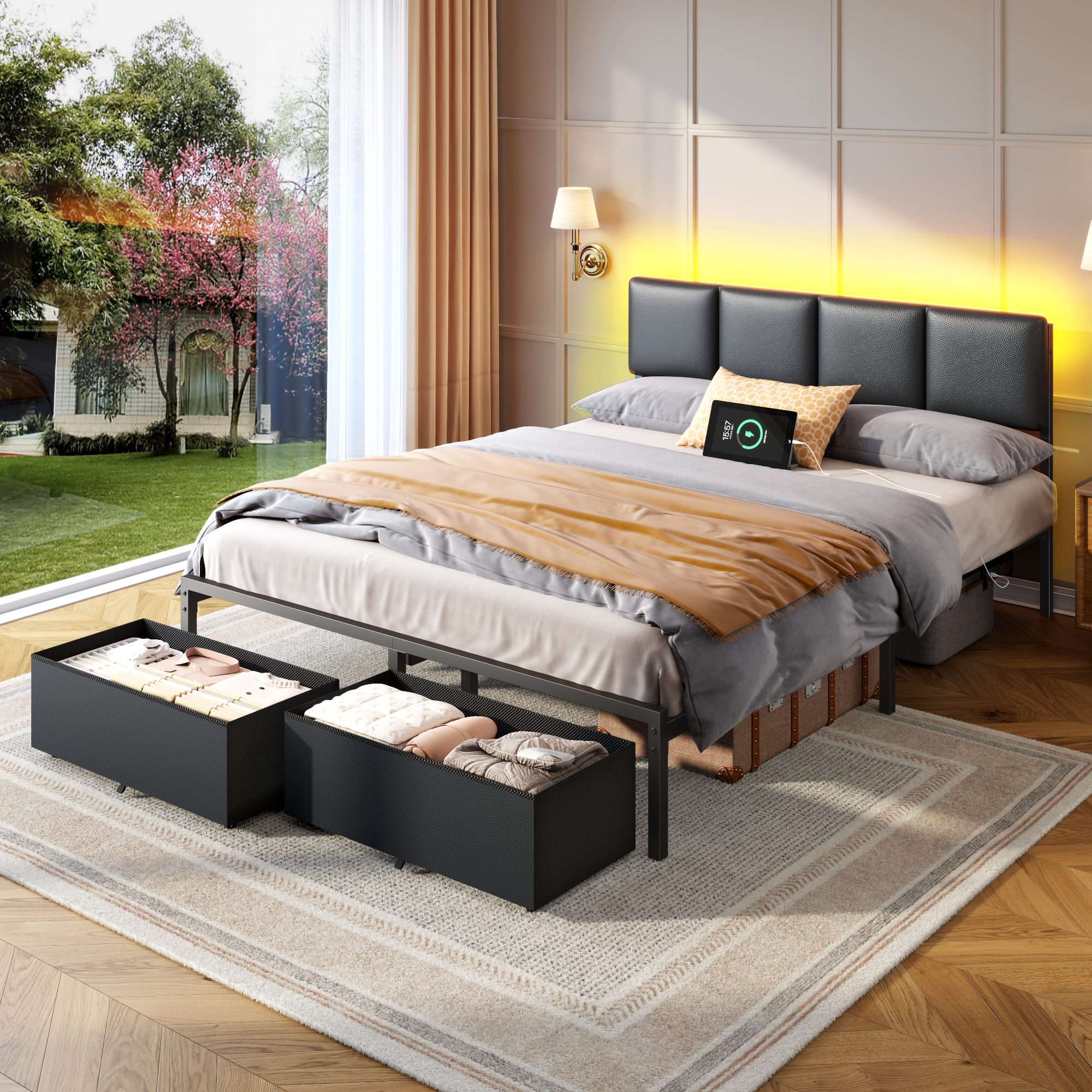 Qwatto Queen Size Upholstered Platform Bed Frame LED Lights Charging Station USB Port 2 Storage Drawers No Box Spring Needed Faux Leather Metal Black