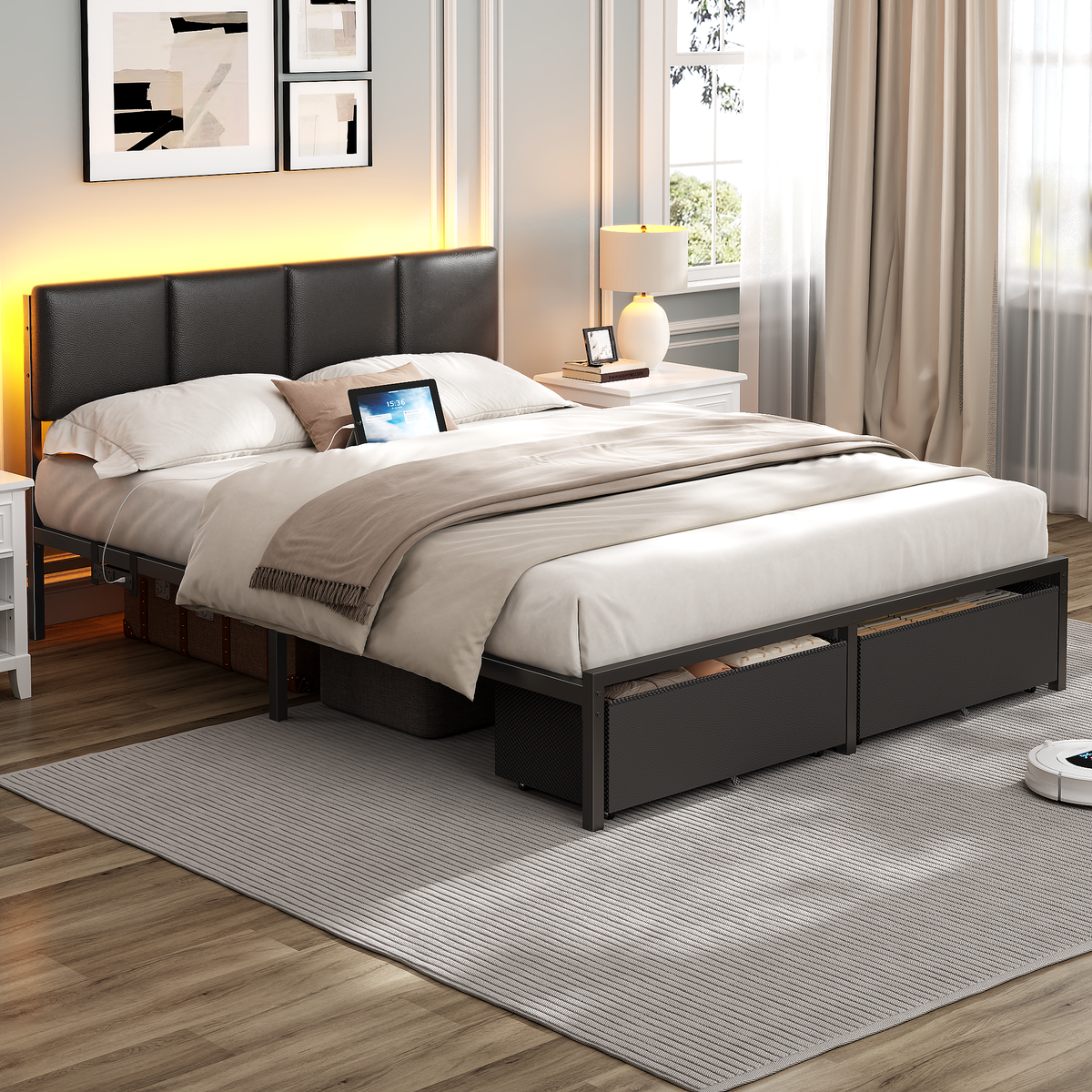 Upholstered Platform Bed Frame LED Lights Charging Station USB Port