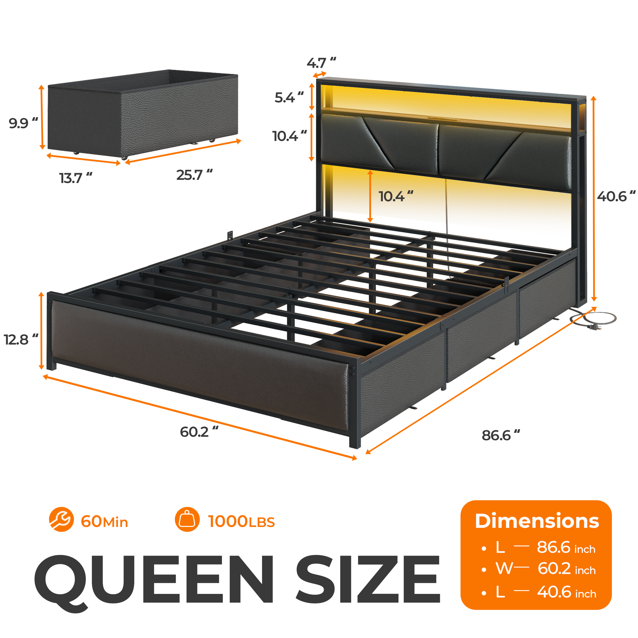 Furnulem Queen Bed Frame with 6 Storage Drawers Metal Platform Bed Frame with 2-Tier Storage Headboard PU Leather Upholstered Charging Station and LED